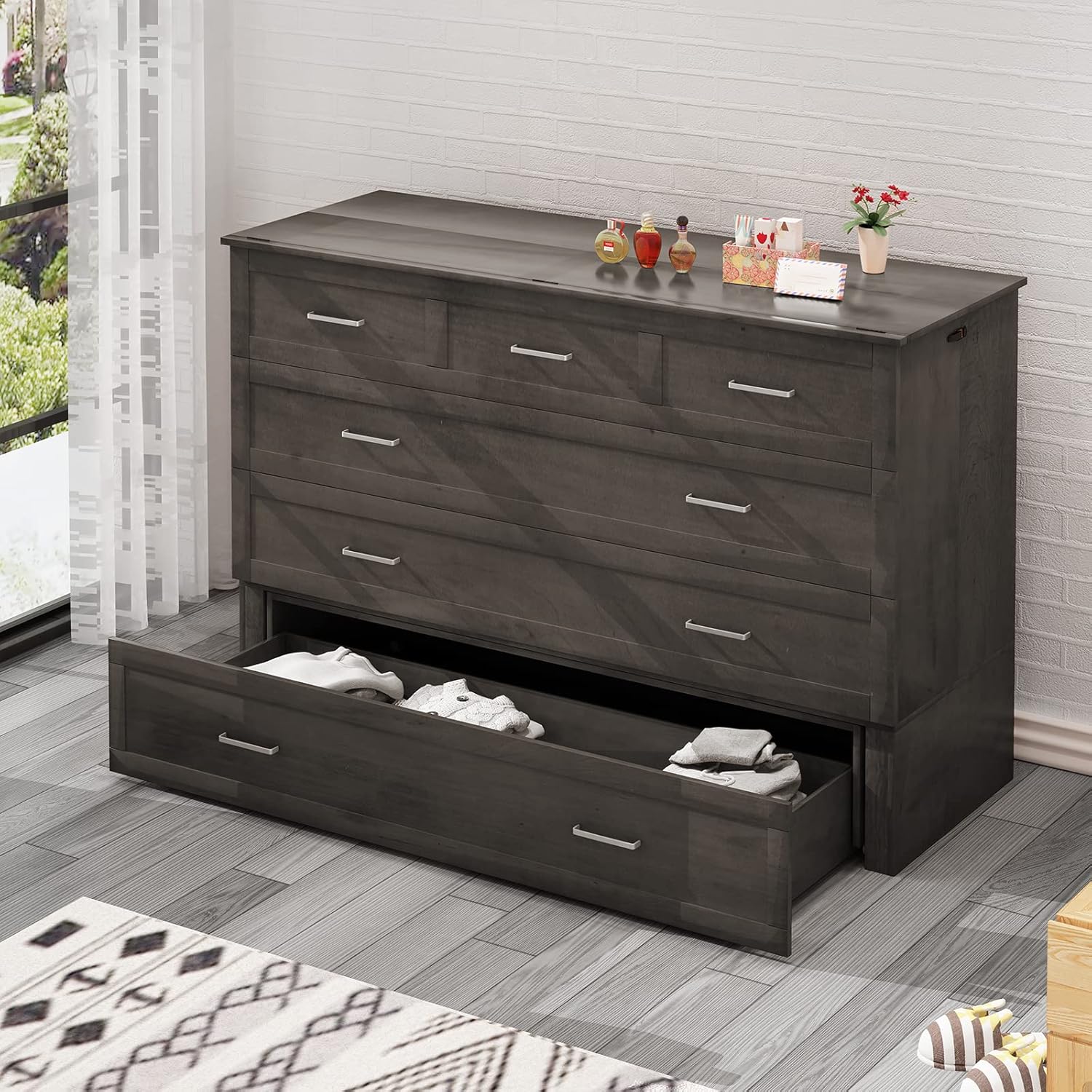 ijuicy Queen Size Cabinet Murphy Bed with Built-in Charging Station, Solid Wood Cabinet Chest Bed with Folding Mattress, Murphy Cube Chest Bed with Large Drawer for Guest Room, Office-Poplar Grey