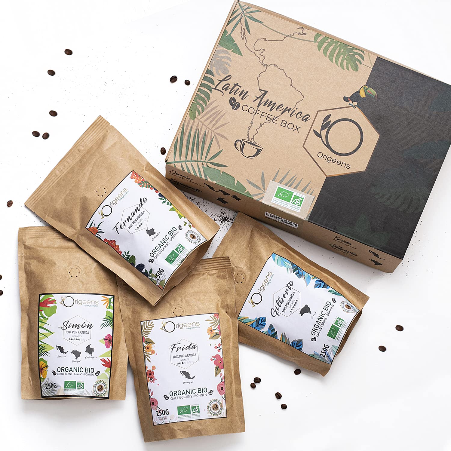 Origeens CAFE GRAIN 1kg BIO - Café en Grain Arabica - Coffret café dégustation, Torréfaction Artisanale, 4x250g - Idée Cadeau