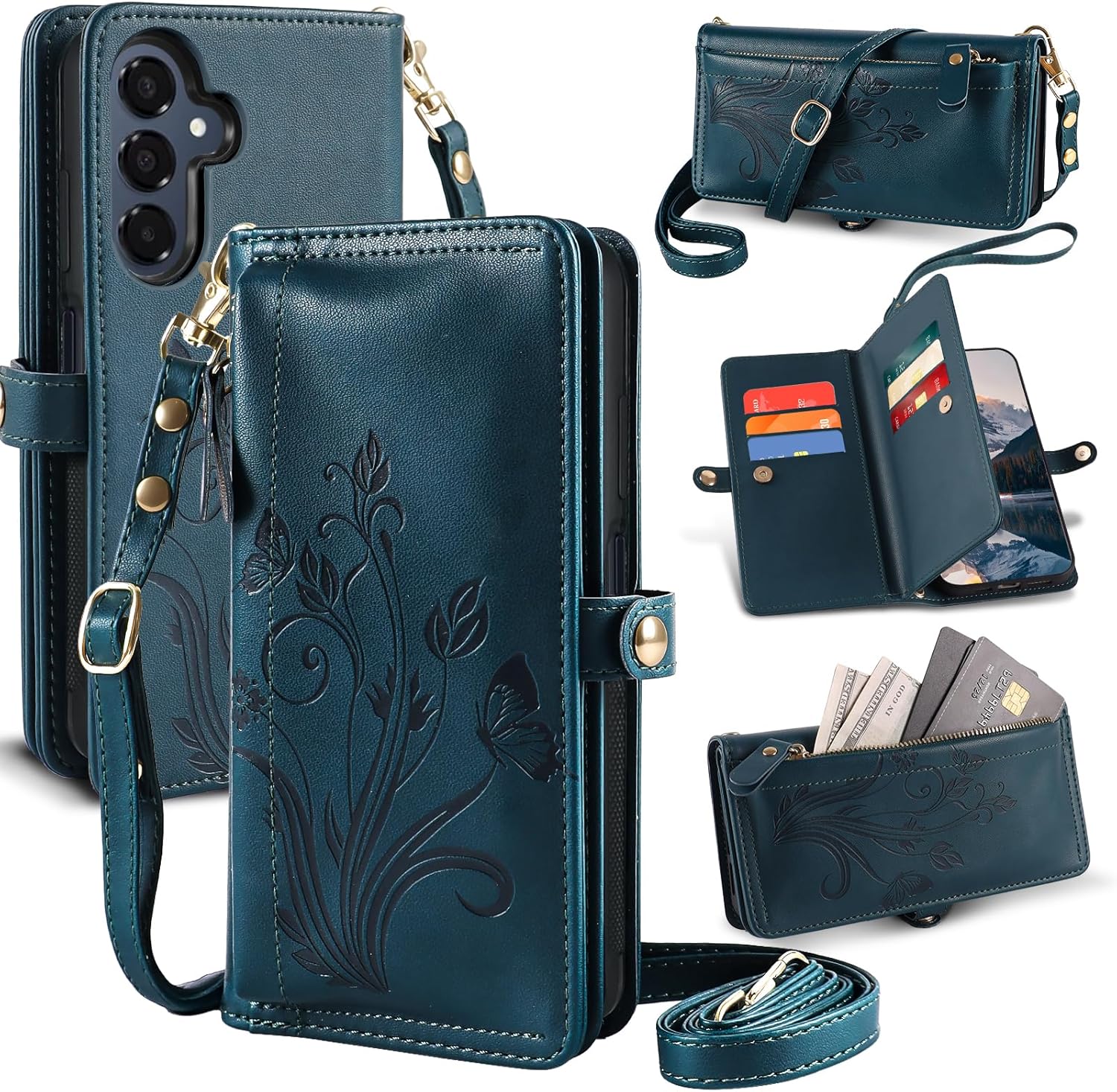 Lacass for Samsung Galaxy A16 5G Case Wallet,[Cards Theft Scan Protection] Card Holder Zipper Leather Flip Cover Crossbody Wrist Strap with Stand (Floral Cyan Green)