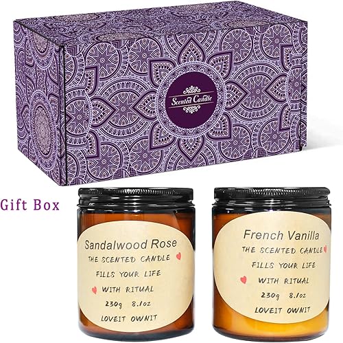 Miniatura 4 de Paquete de 2 velas perfumadas para el hogar, velas de aromaterapia de soja de 8.1 onzas, juego de regalos de Navidad para mujeres, rosa de sándalo,