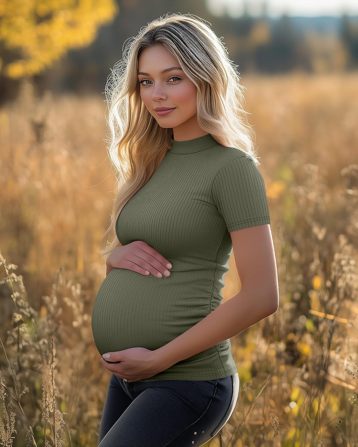 Ficerd 3 Pack 92% Cotton Ribbed Maternity T-Shirts for Women, Mock Turtleneck Side Ruched Slim Short Sleeve Pregnancy Tops - Image 5