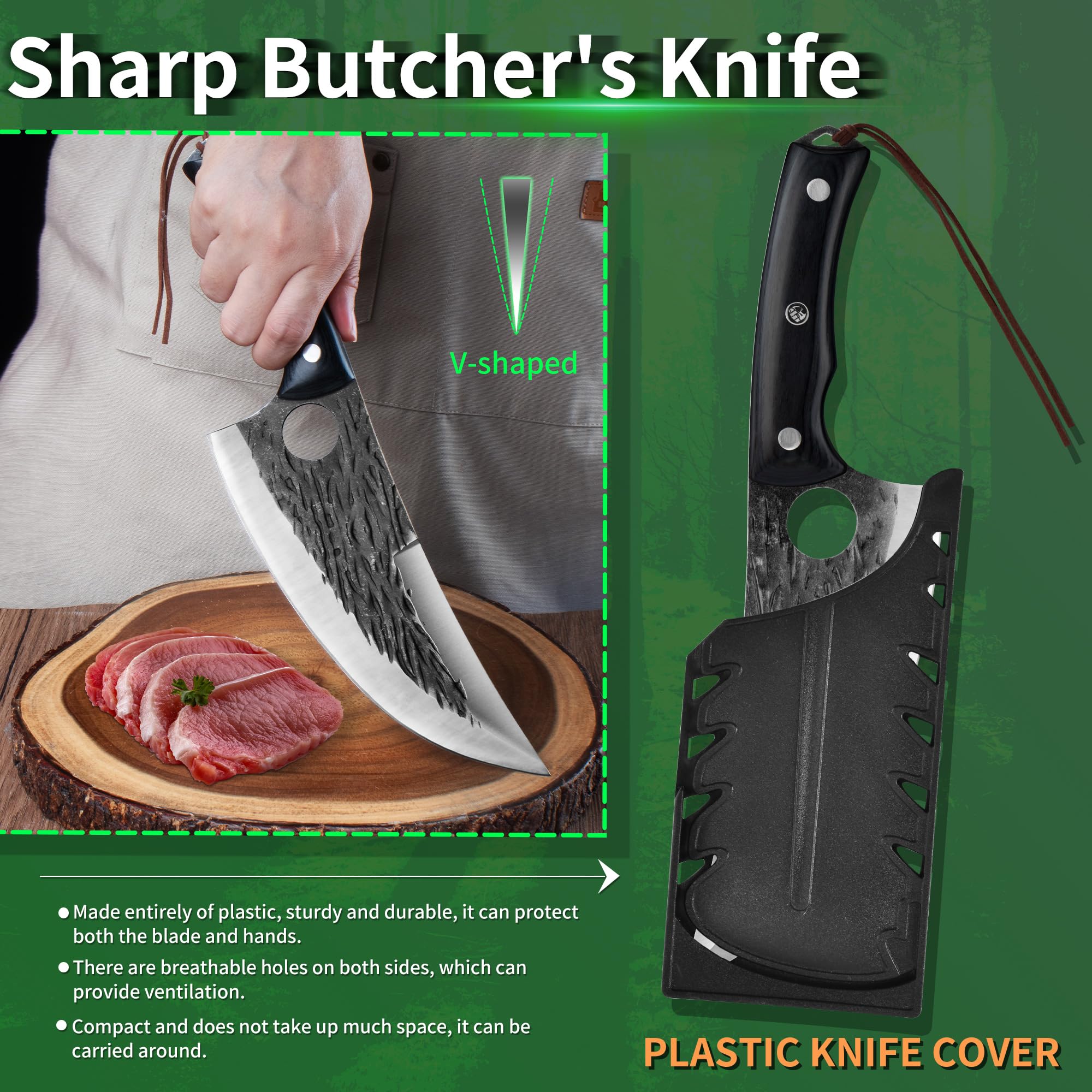 FULLHI Cuchillo de carnicero con funda, cuchillo de chef Tang serbio, cuchillo para verduras con cuchilla de acero al carbono para