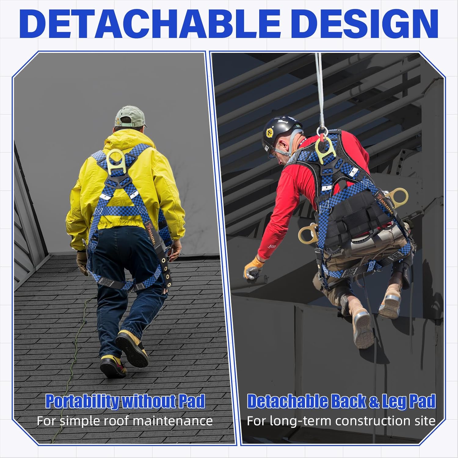 TRSMIMA Safety Harness Fall Protection - Full Body Harness with Quick Adjust Buckles and Datachable Pad for Roofing Construction Workers