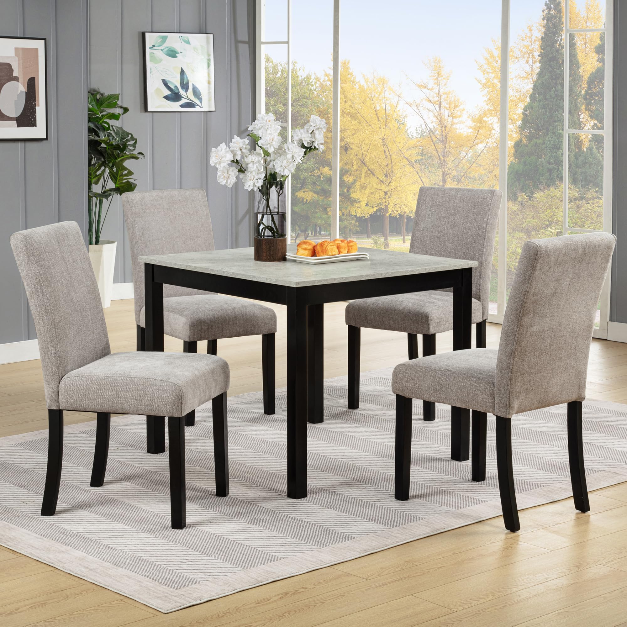 KEIKI 5-Piece Standard Height Dining Table Set with Square Table and 4 Upholstered Curved Backrset Chair, for 4 Person, Modern Wooden Table Set, Easy Assembly, for Kitchen, Dining Room, Black+Grey