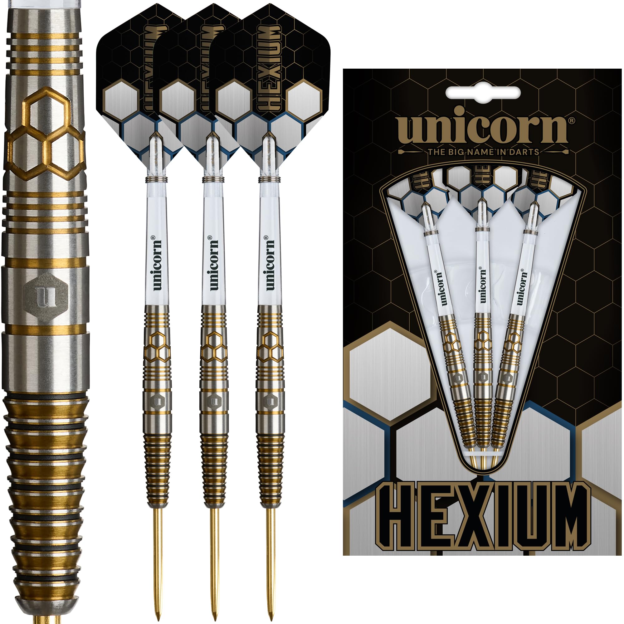 Unicorn | Hexium | 90% Tungsten Black Bomb/Spring Onion Front-Loaded Barrels with Gold Rings | Steel Tip Darts Set | Noir Black Volute Points | 22g, 23g, 24g, 25g or 26g (Gold, 24 g)
