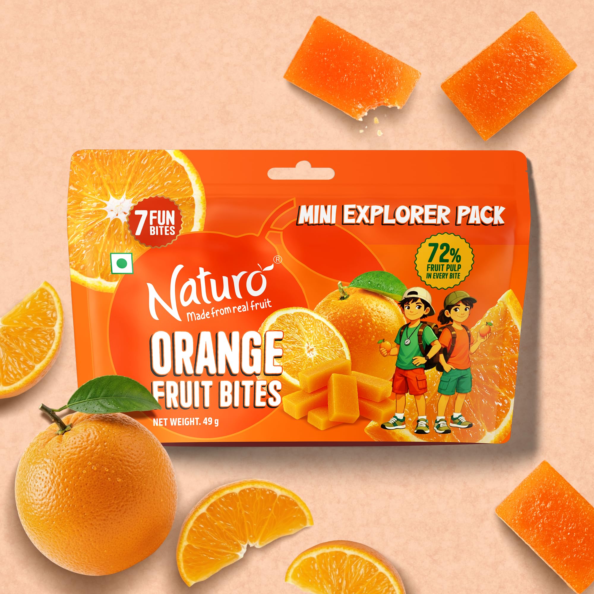 Naturo Orange Fruit Bites | Made with Real Fruit Pulp | Soft & Chewy Fruit Snack | Source of Fibre | Fat Free | Mini Explorer Pack | 49g-image-16