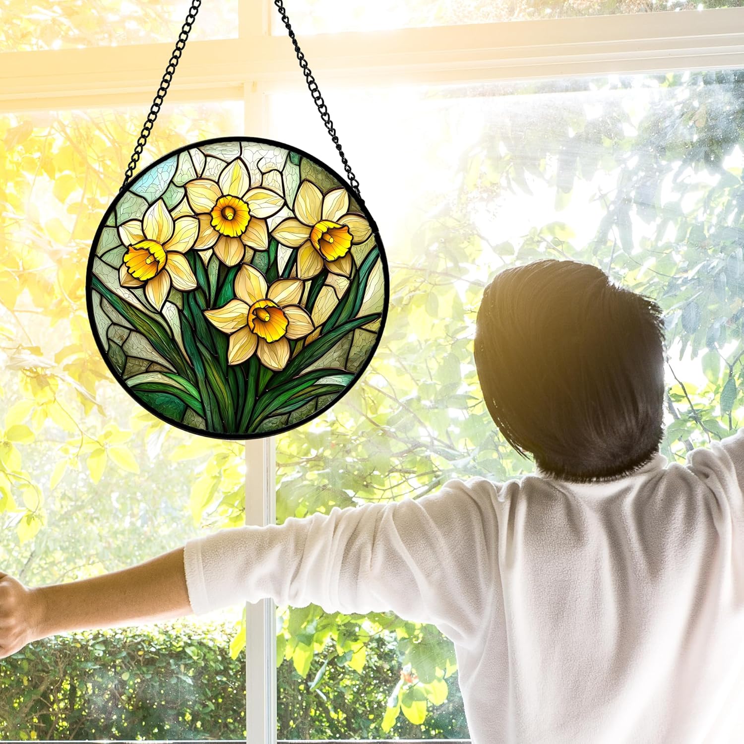 Stained Glass Window Hanging, Daffodil Plant Flowers Sun Catchers Diamond Glass Panel Hangings Suncatcher Decor for Birthday for Women, Men, Wife, Aunt, and Mom 6.3 in - Image 3