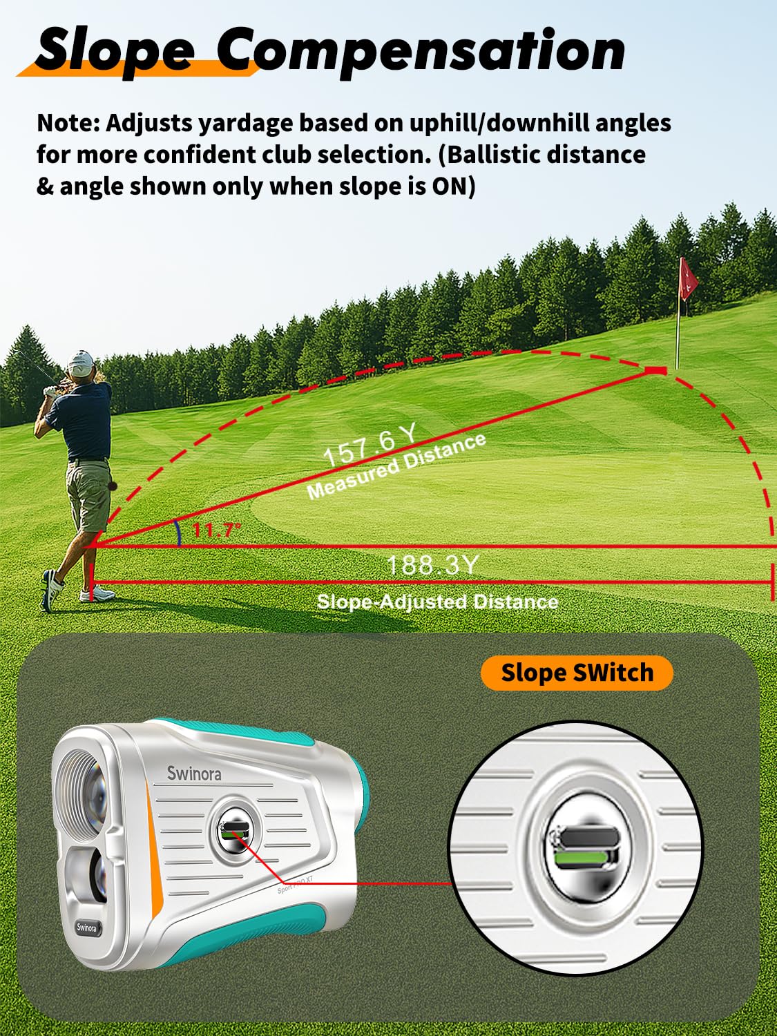 Télémètre de golf magnétique avec pente - Grossissement 7X - Télémètre laser 1200Y pour tous les niveaux - Verrouillage rapide du drapeau - Vibration rechargeable - Étanche - Accessoires de golf pour