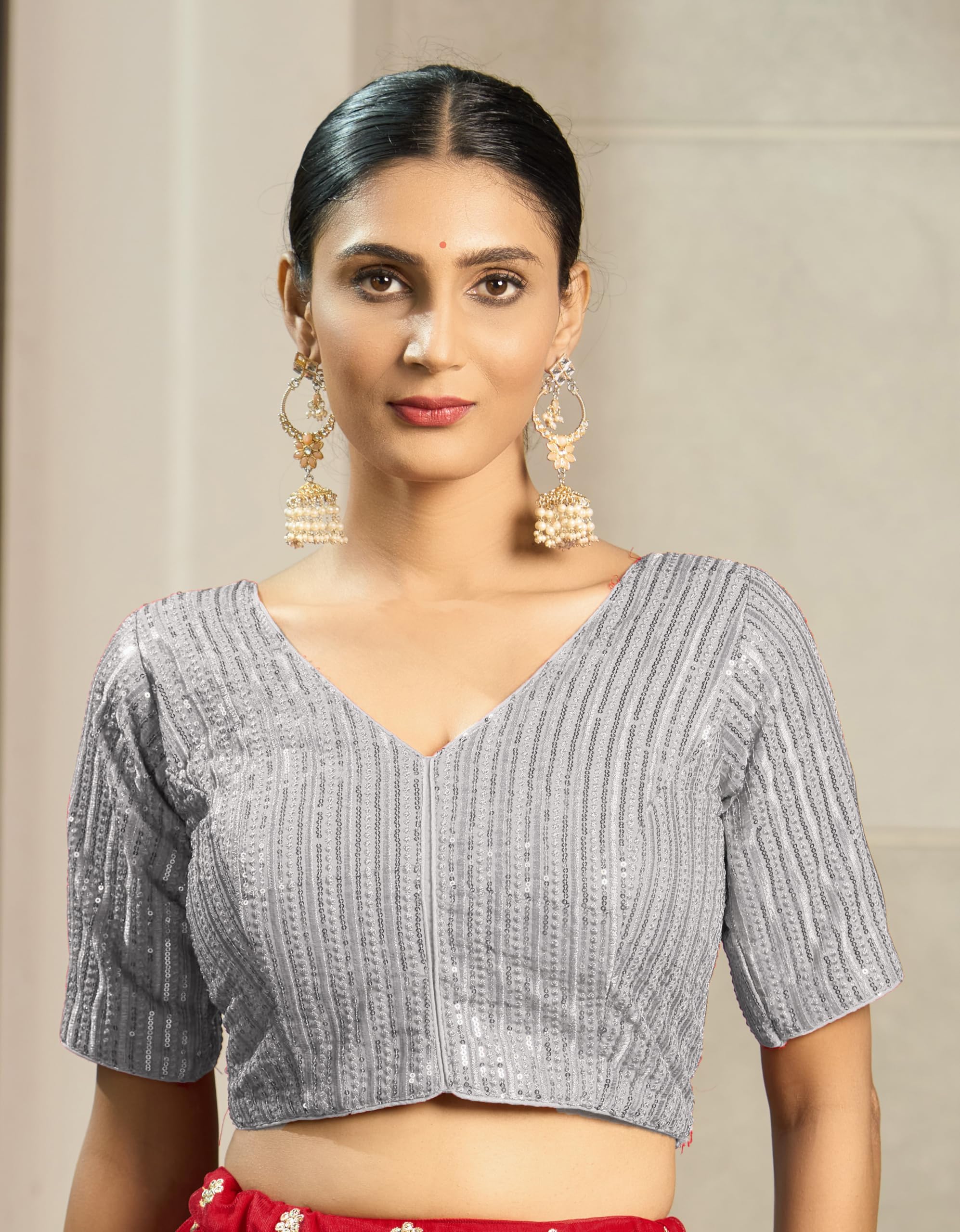 Vihu Fashion Women's Indian Ethnic Wear Designer Silver Sequence With Matching Embroidered Work V Neck Half Sleeve Readymade Padded Saree Blouse Readymade Unique Silver Color Saree Blouse