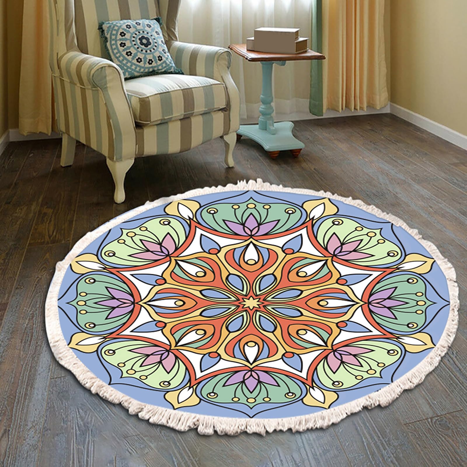 Tapis style bohème floral doux rond 120 cm lavable pour salon