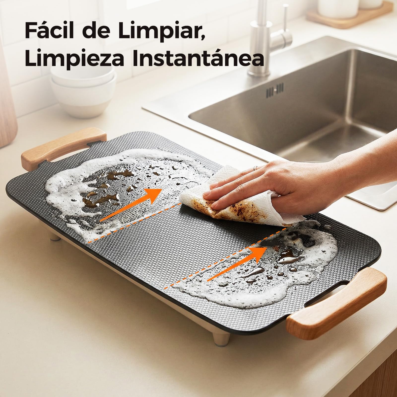 WOOX 1380W Plancha de Asar Eléctrica – Superficie 51x30 cm, Antiadherente, Comidas Familiares, Tortitas y Carne, Calentamiento Rápido, Sin PFAS, Asas de Roble, Fácil de Limpiar