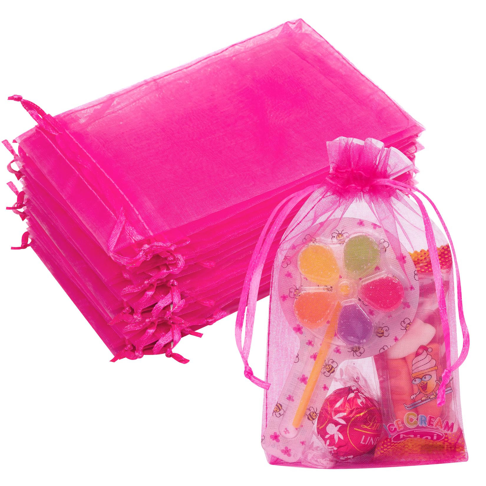 50PCS Hot Pink Organza Bags 4x6, Small Mesh Gift Bags Drawstring Cute Jewelry Pouches Baggies Gift Bag Bulk for Jewelry Wedding Party Favor Treats Sachet Candy Goodie Halloween Gifts