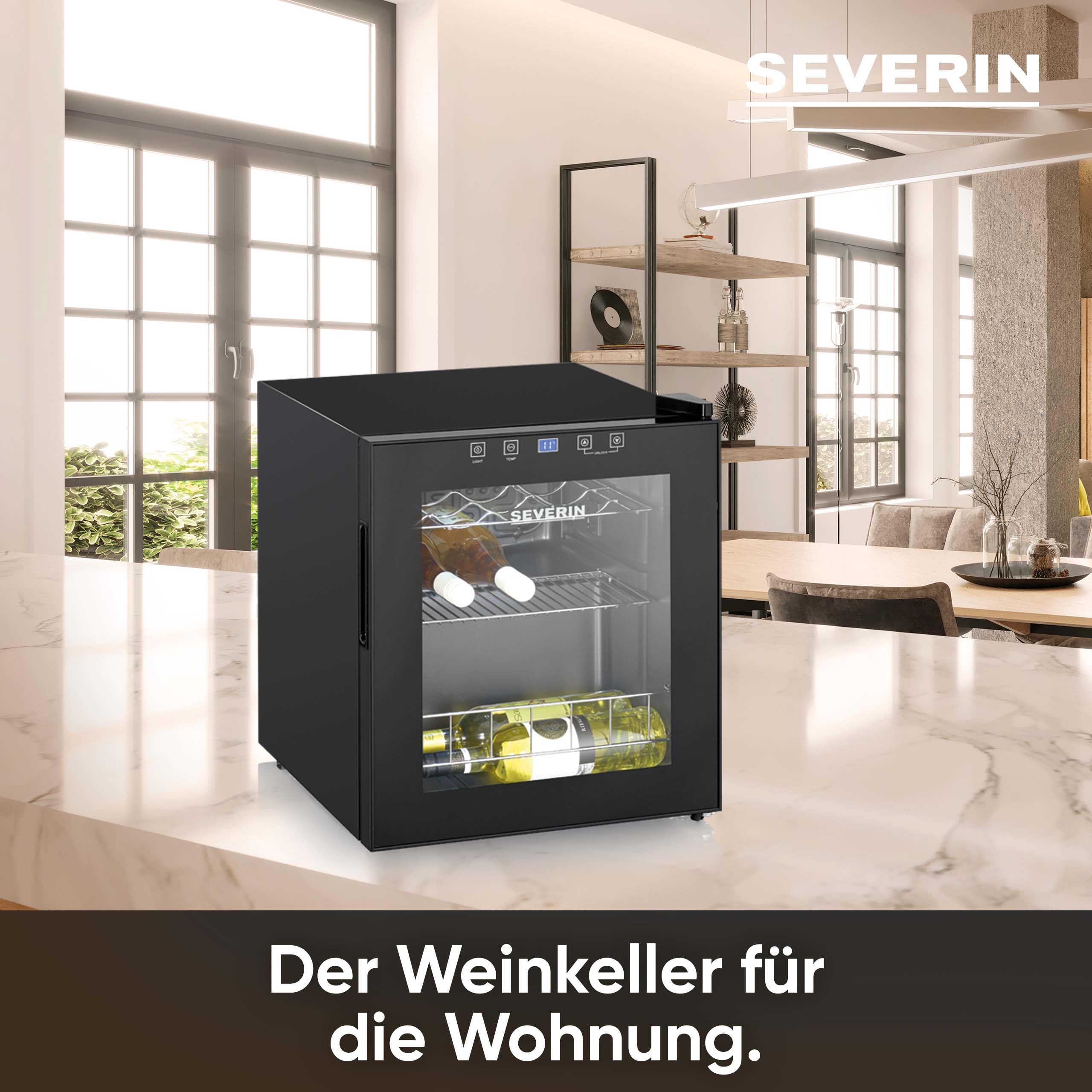 Severin WKS 8907 Wein-Kühlschrank, 46 L, 5-18°C, 15 Flaschen, 43 dB, LED & Touch-Display, EEK F, schwarz
