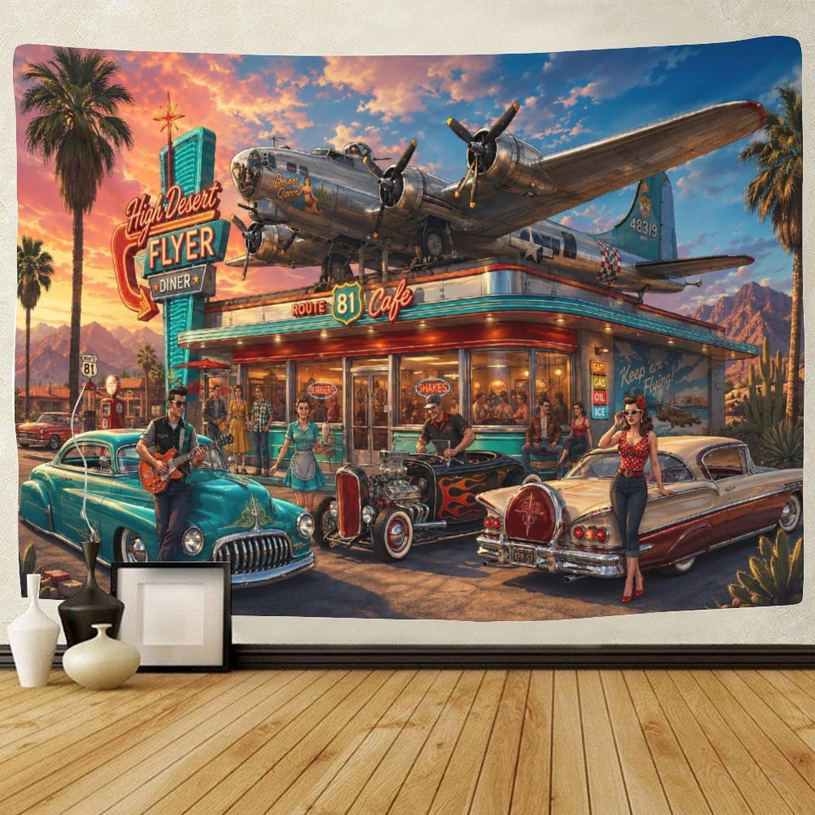 ASDFGHJKLZA Route 66 Vintage Aircraft 3D Print Wall Art Decor Wall Tapestry Tapestries Home Decoration Curtain Bedroom Living Room 100cmx150cm