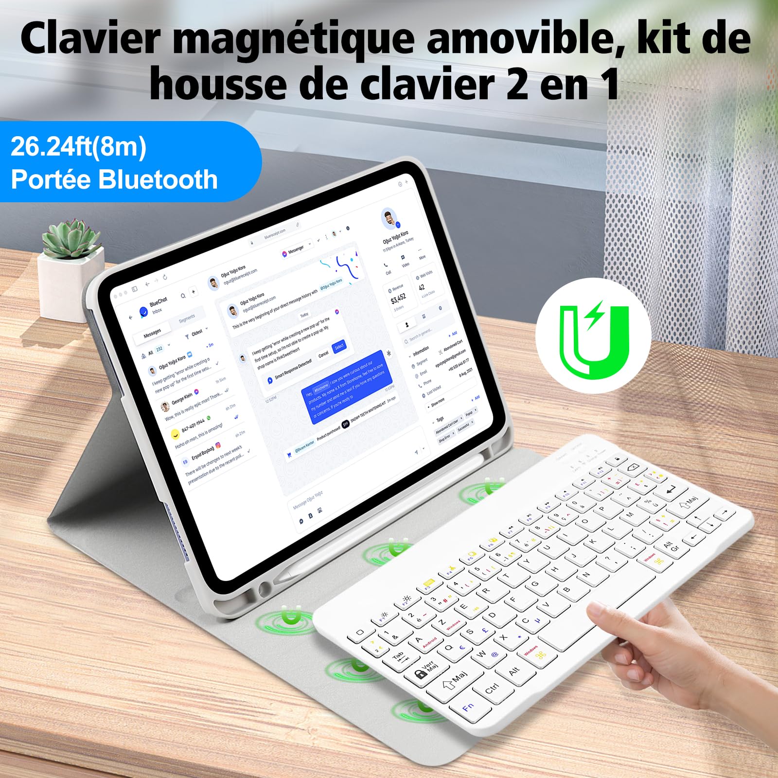 Coque Clavier pour iPad A16 11/10 Ème Generation (10.9 Pouces 2022/11 Pouces A16 2025), Housse iPad 11 Bluetooth Détachable sans Fil avec Porte-Stylo, AZERTY Layout (Gris Blanc)