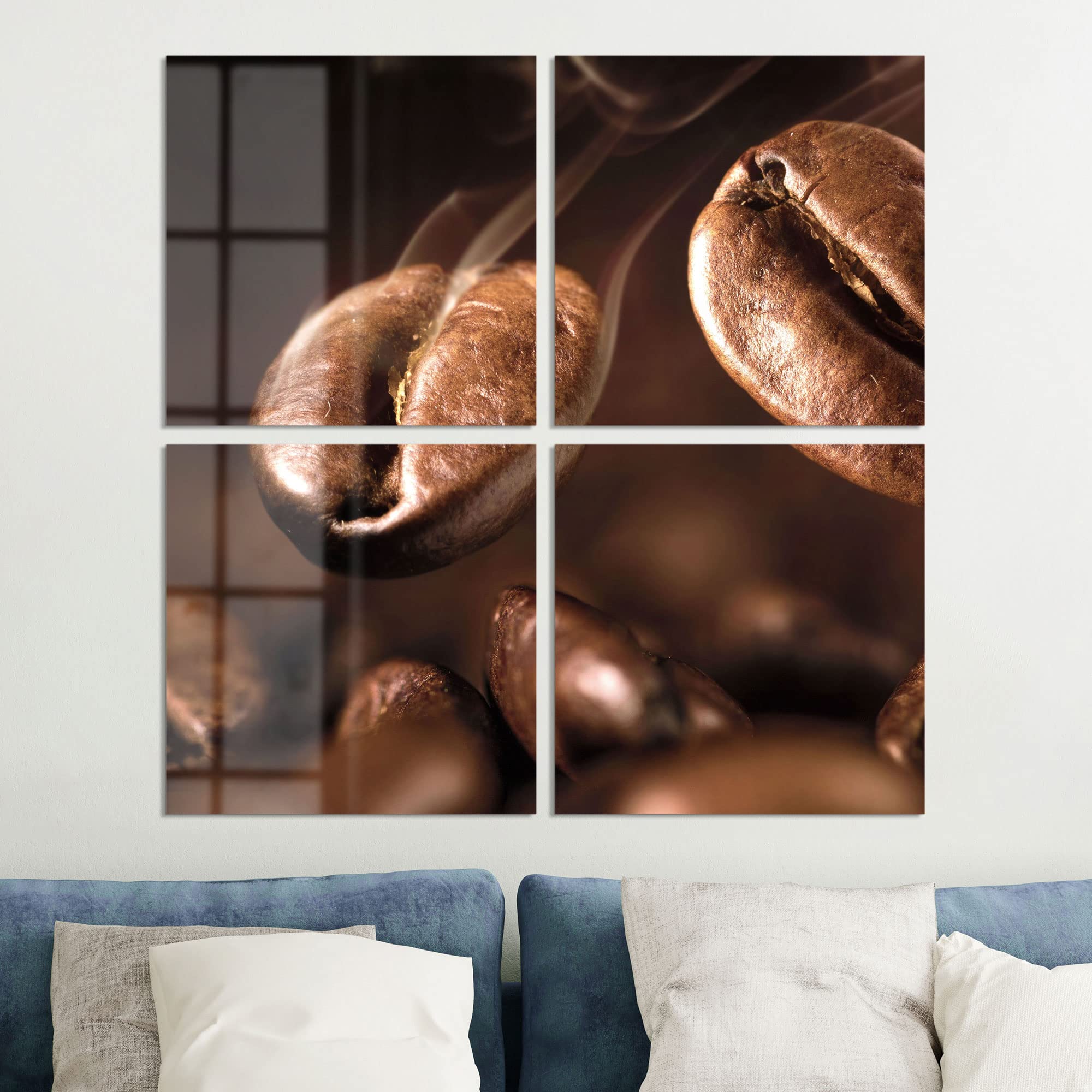 DEQORI Obrazy na szkle z prawdziwego szkła, motyw pachnących ziaren kawy, kwadratowe, 4-częściowe, 100 x 100 cm, duża dekoracja XXL, obrazy ścienne do salonu, sypialni, przedpokoju i kuchni, nowoczesna dekoracja ścienna