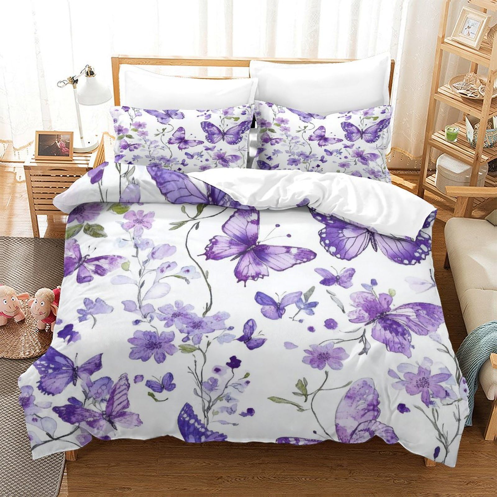 Lila Schmetterlinge 3-teiliges Reines Polyester Aquarell Floral Design Bettbezug, Versteckter Reißverschluss, Krippenbettwäsche, Babysicher & Pflegeleicht King（220x240cm）