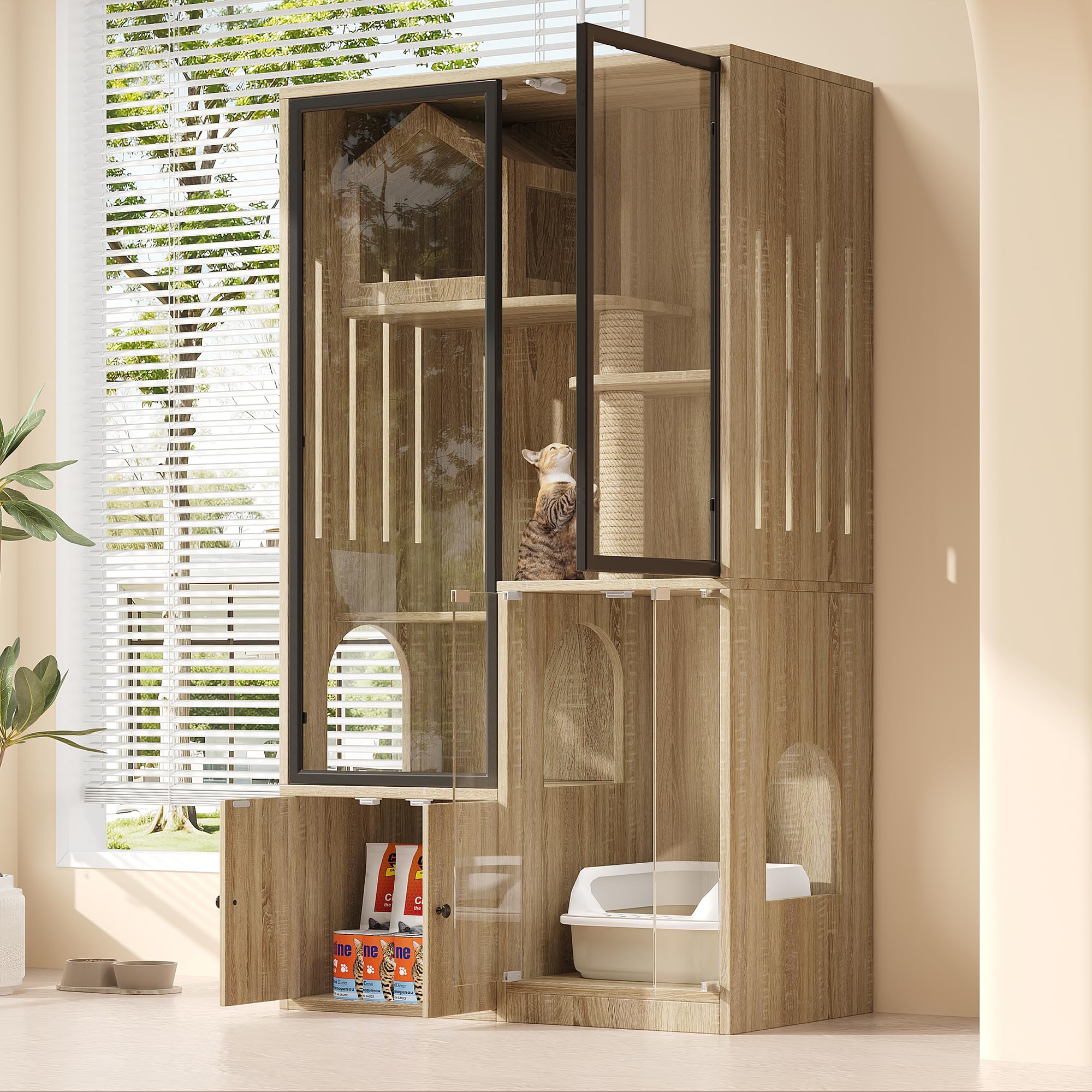 Grande gabbia per gatti 90x50x160 cm, villa per gatti a 4 piani con facciata in vetro, casa per gatti e casetta per piccoli animali resistente all'inverno, inclusa colonna per graffiare – per interni