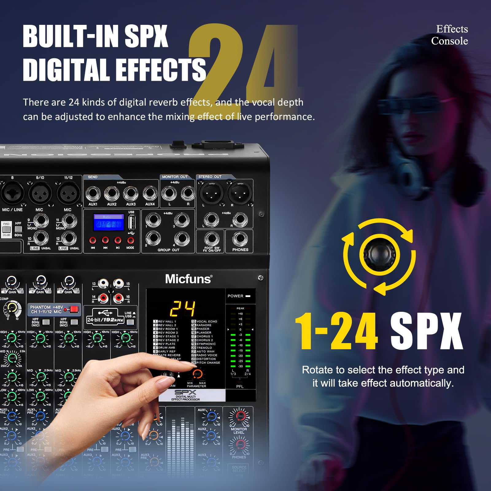 Micfuns X16 DJ Console Mixer 24 bit 16-Input 6-Bus Mixer with Effects with Sound Board USB Audio Interface with shock (X16)