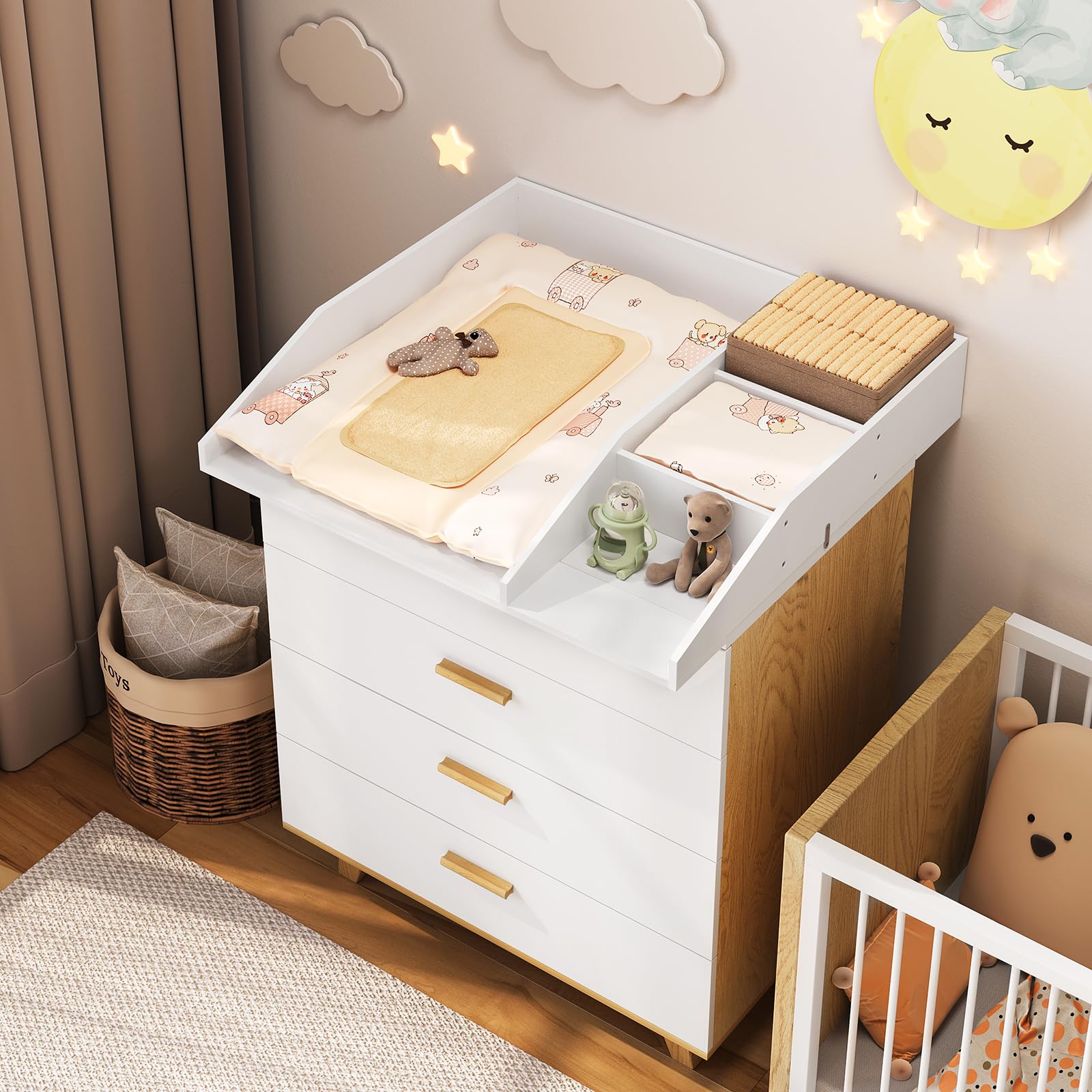 WOLTU Cambiador para Bebé 80x74,5x13,5 cm, Tapa Cambiador de Madera con Estantes de Almacenamiento, Compatible con Cómoda, Lavadora o Armario