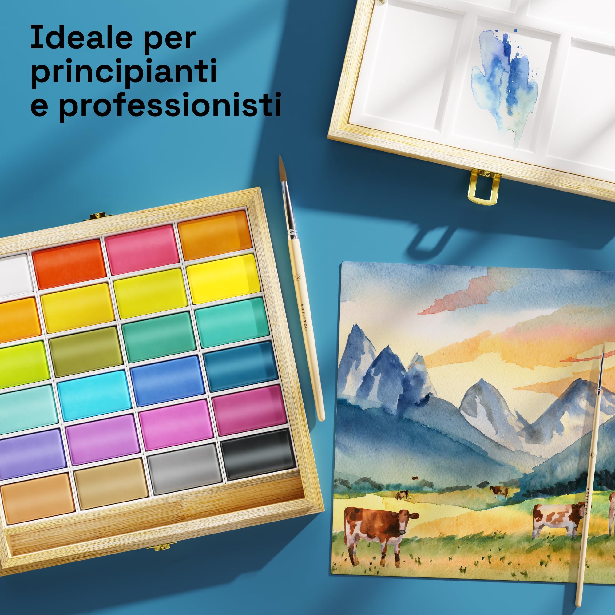 Artistro x HANNAH M.P Set di pittura ad acquerello in edizione limitata - 24 colori in scatola di legno di bambù (padelle XL da 6 ml) - 2 pennelli, carta per acquerello, vassoio di miscelazione - Set