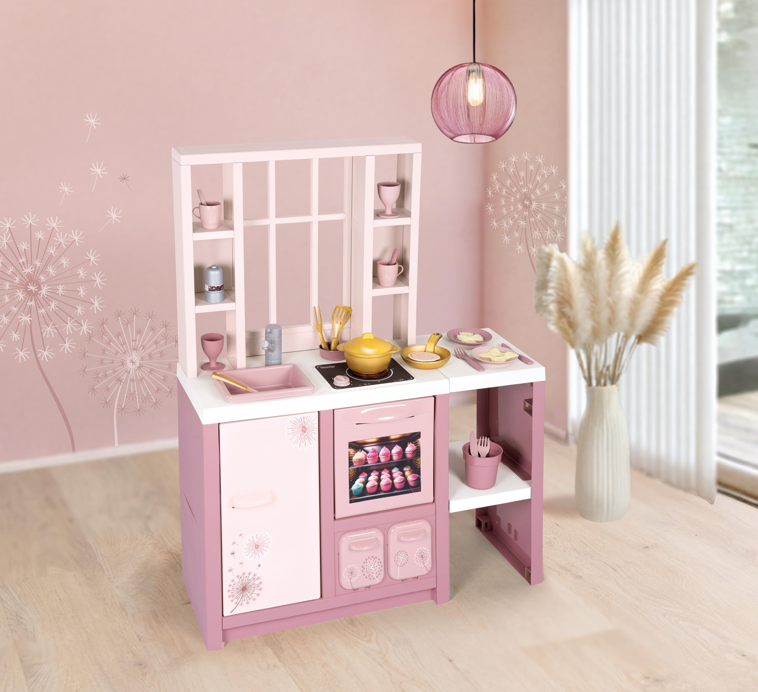 Smoby Loft Fleur kuchnia do zabawy – kuchnia dziecięca w nowoczesnym stylu loftu z płytą kuchenną, piekarnikiem, lodówką i 27 akcesoriami, dla dzieci od 3 lat