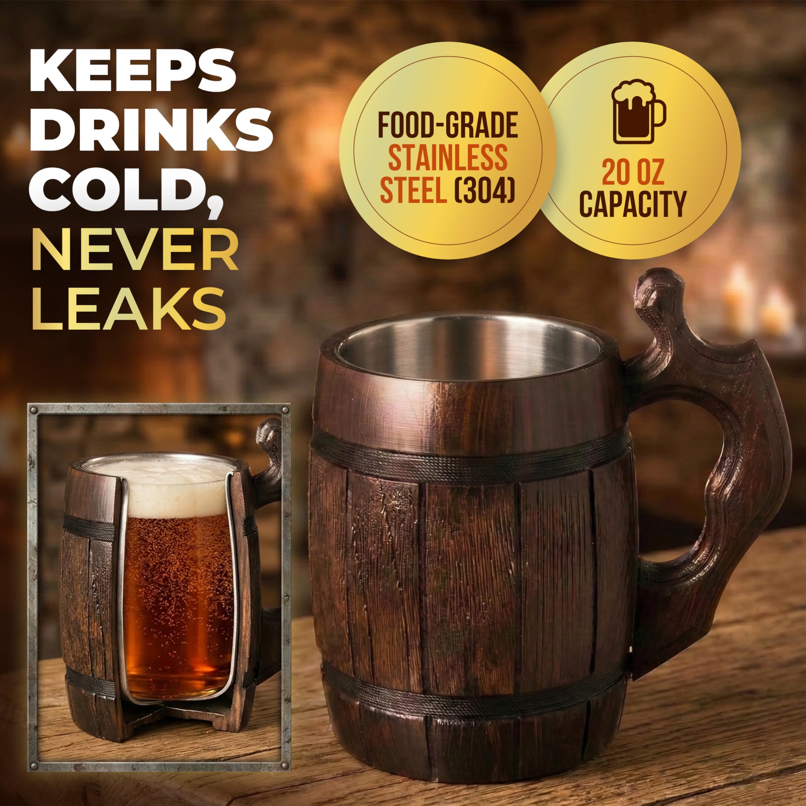 Juego de 6 tazas de cerveza hechas a mano de madera de acero inoxidable natural para hombre, diseño de barril redondo marrón