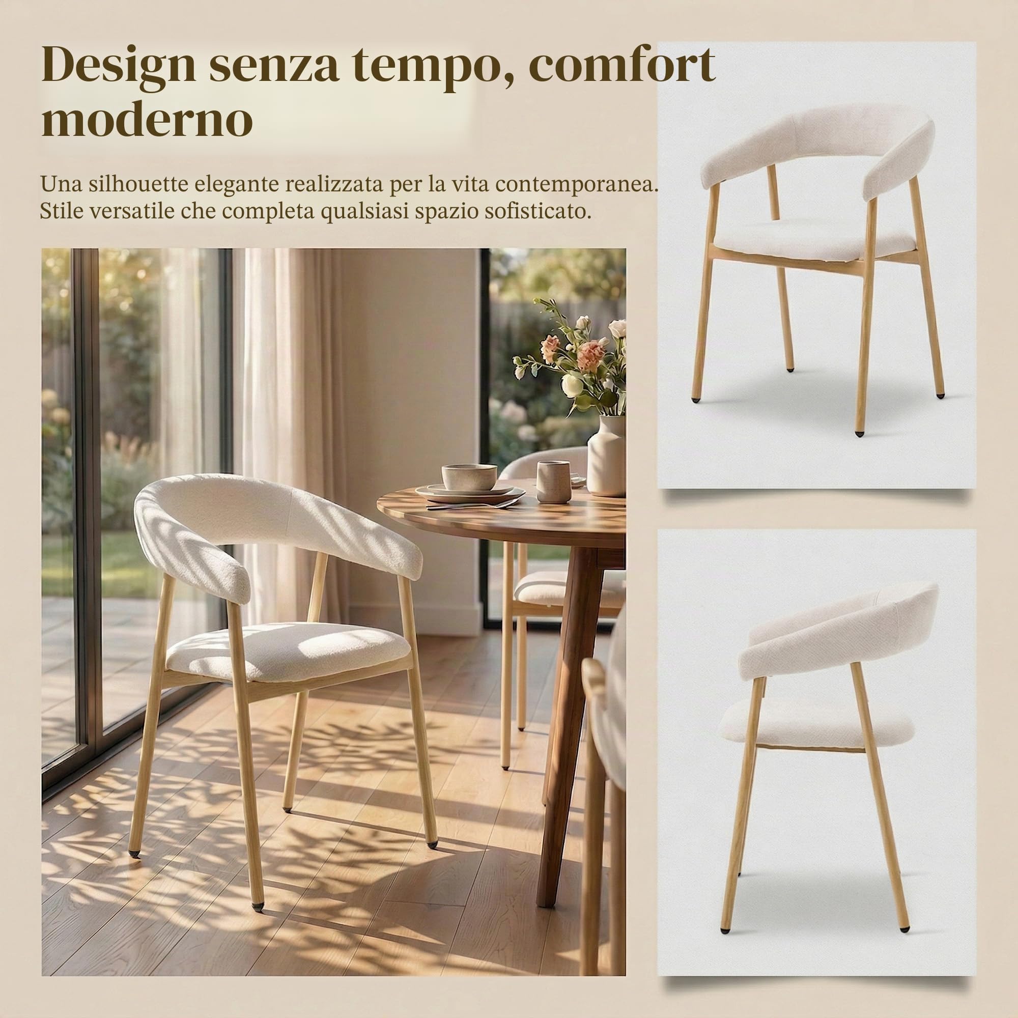 Sedie da pranzo Set di 2 ergonomiche colore beige-rovere | Bracciolo ergonomico e gambe curve in metallo con venature del legno, sedia da soggiorno