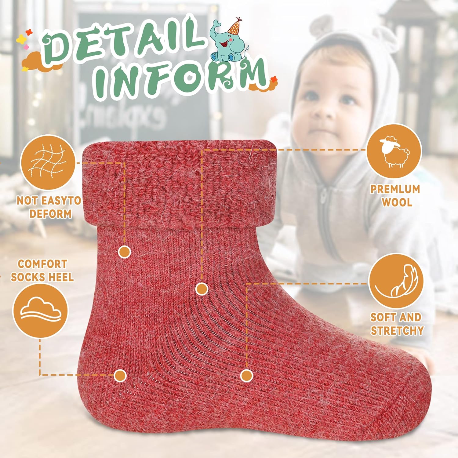 Eocom 6 Pairs Baby Boys Girls Wool Socks Infant Toddlers Kids Unisex Winter Thick Soft Warm Thermal Crew Socks - Image 5
