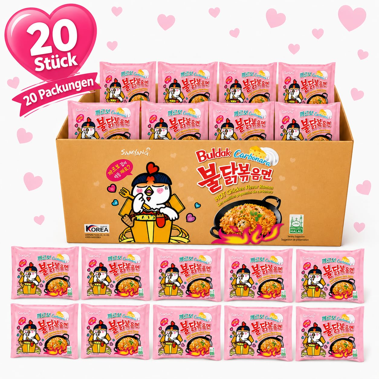 Samyang Buldak Carbonara Ramen 20er Karton 20 x 130g – Koreanische Instantnudeln, scharf & cremig, Hot Chicken Flavour, Großpackung 2,6 kg
