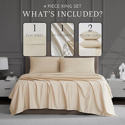 Miniatura 2 de Juego de sábanas de lujo de algodón de 1200 hilos, 4 piezas, tamaño King, color beige
