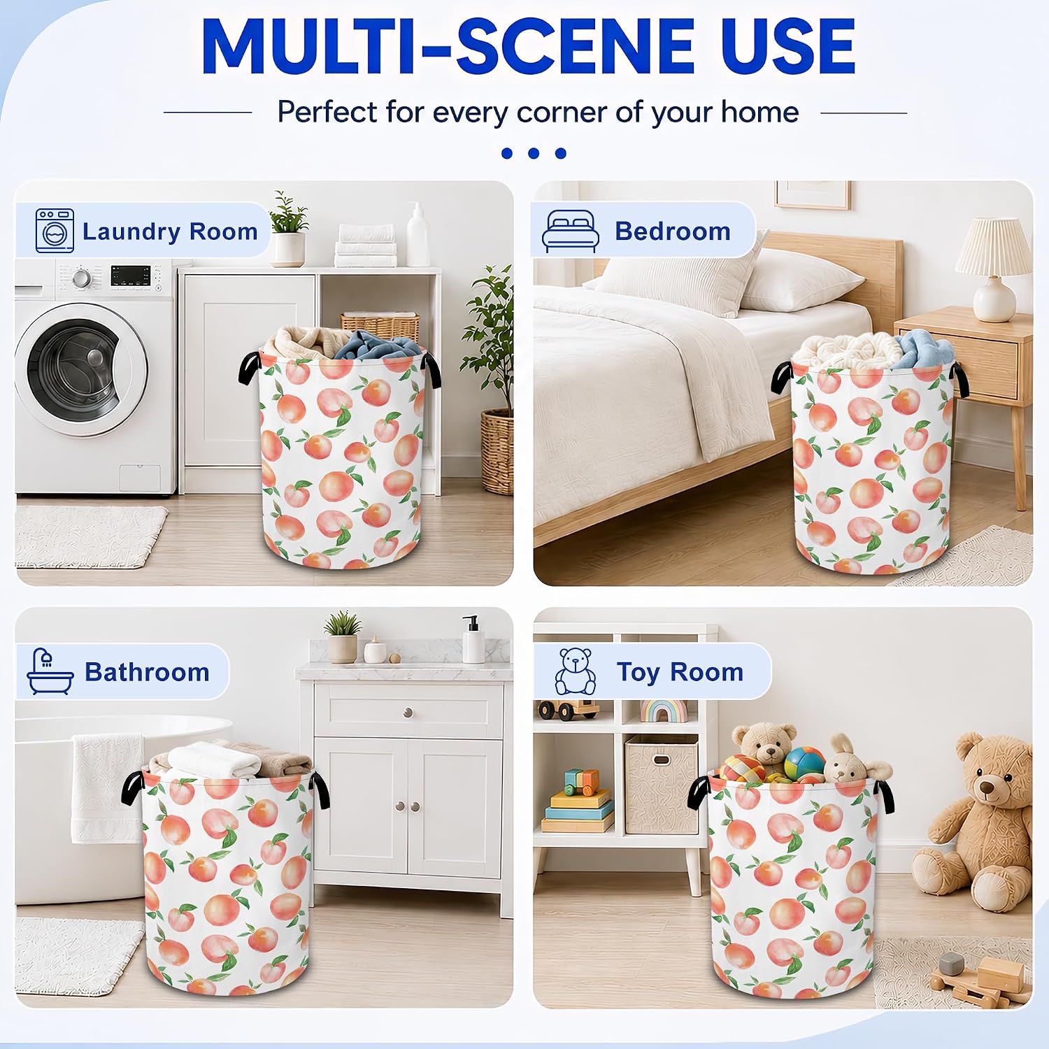 Peach Fruit Laundry Basket Foldable Waterproof Oxford Cloth Tote Bag Laundry Hamper Clothes Storage Bucket Organizer For Bathroom/Laundry Storage/Bedroom 20 x 16 in