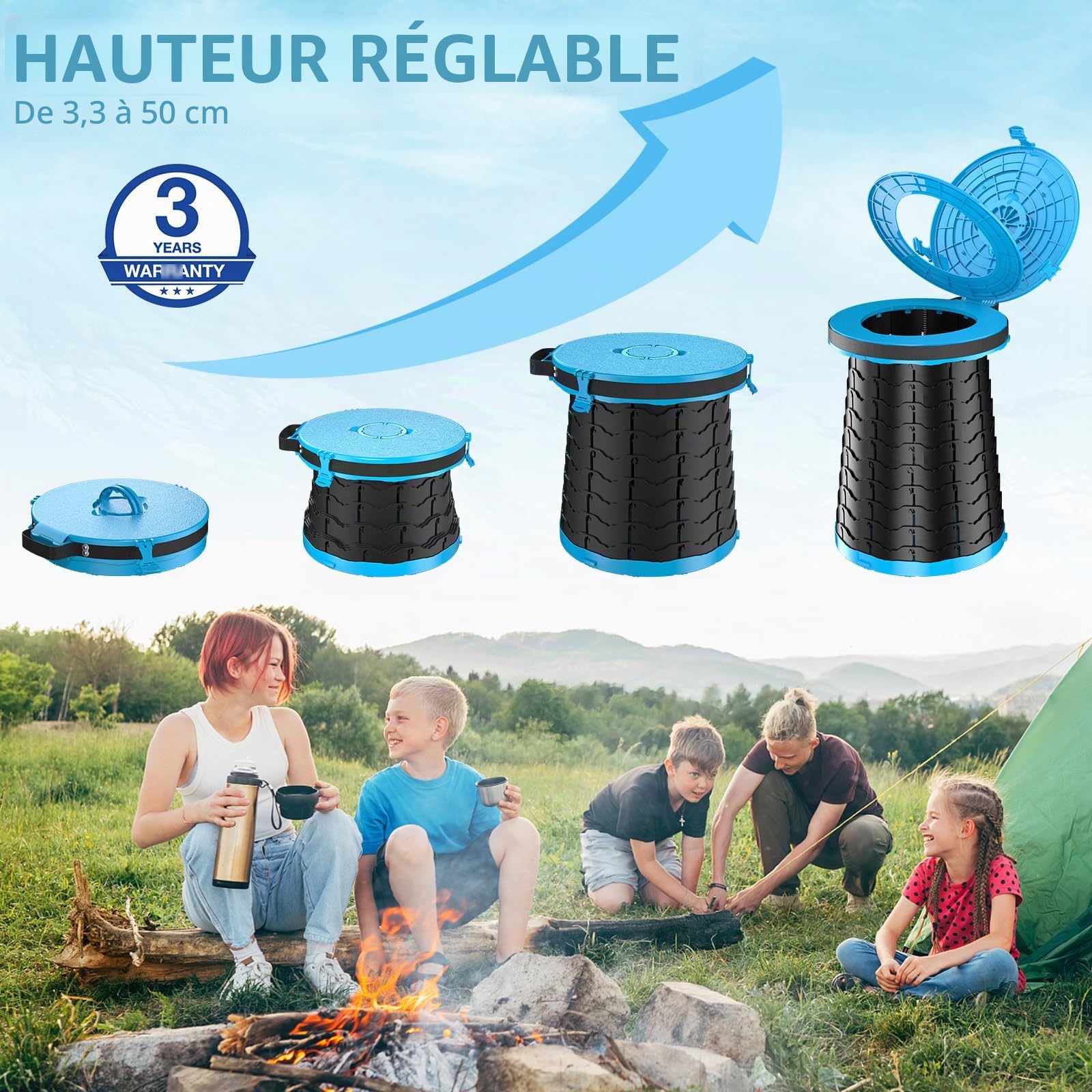 Toilettes portables XXL - Toilettes de camping pliables réglables de 50 cm de hauteur avec couvercle, sangle, sac de toilette pour camping, randonnée, voyage et voiture (bleu)
