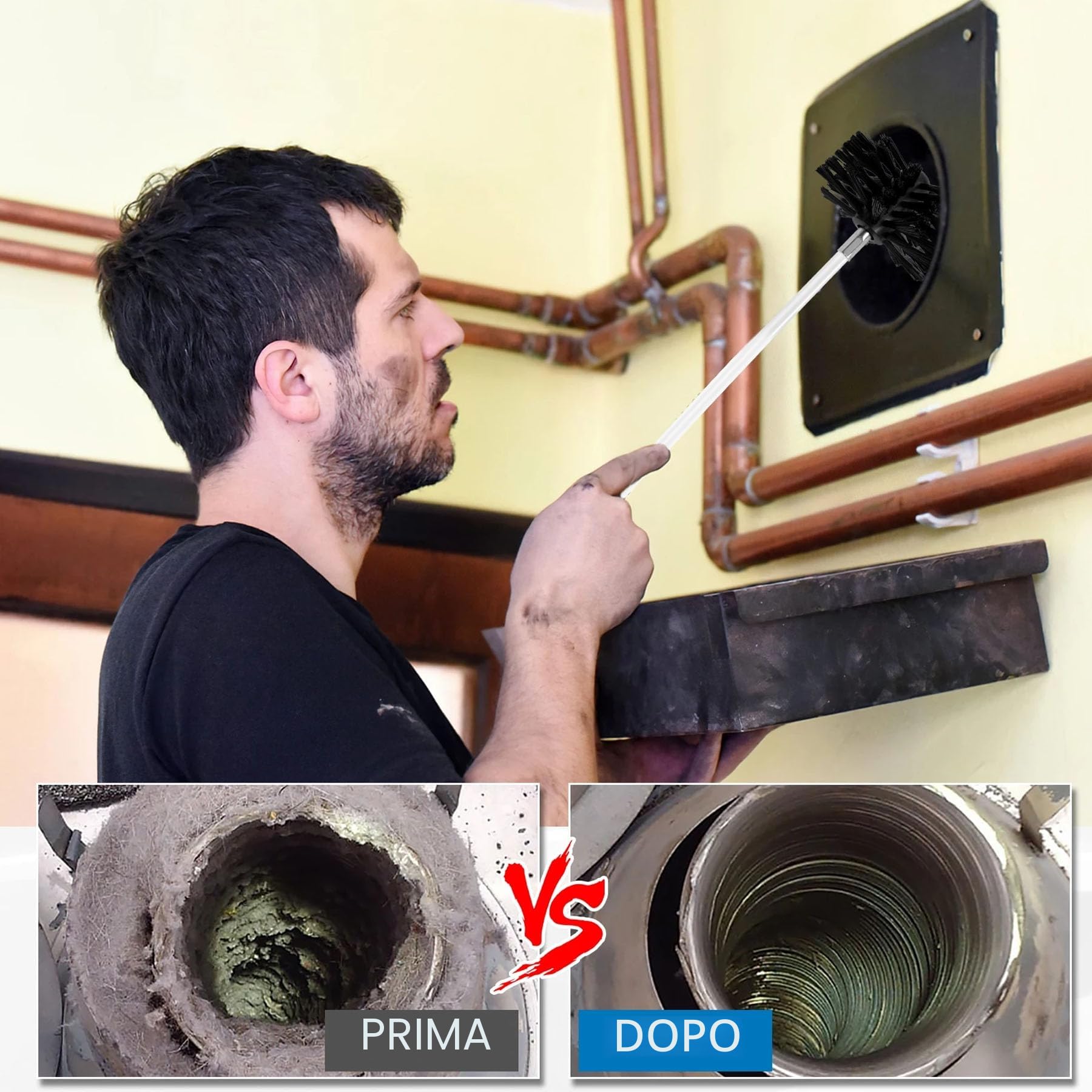 24 PCS Spazzola per la Pulizia del Camino，Spazzole per Camini，Spazzola Pulizia Camino，Kit per la pulizia della stufa a pellet regolabile Include 20 aste, 2 testine, 1 connettore e 1 borsa portaoggetti