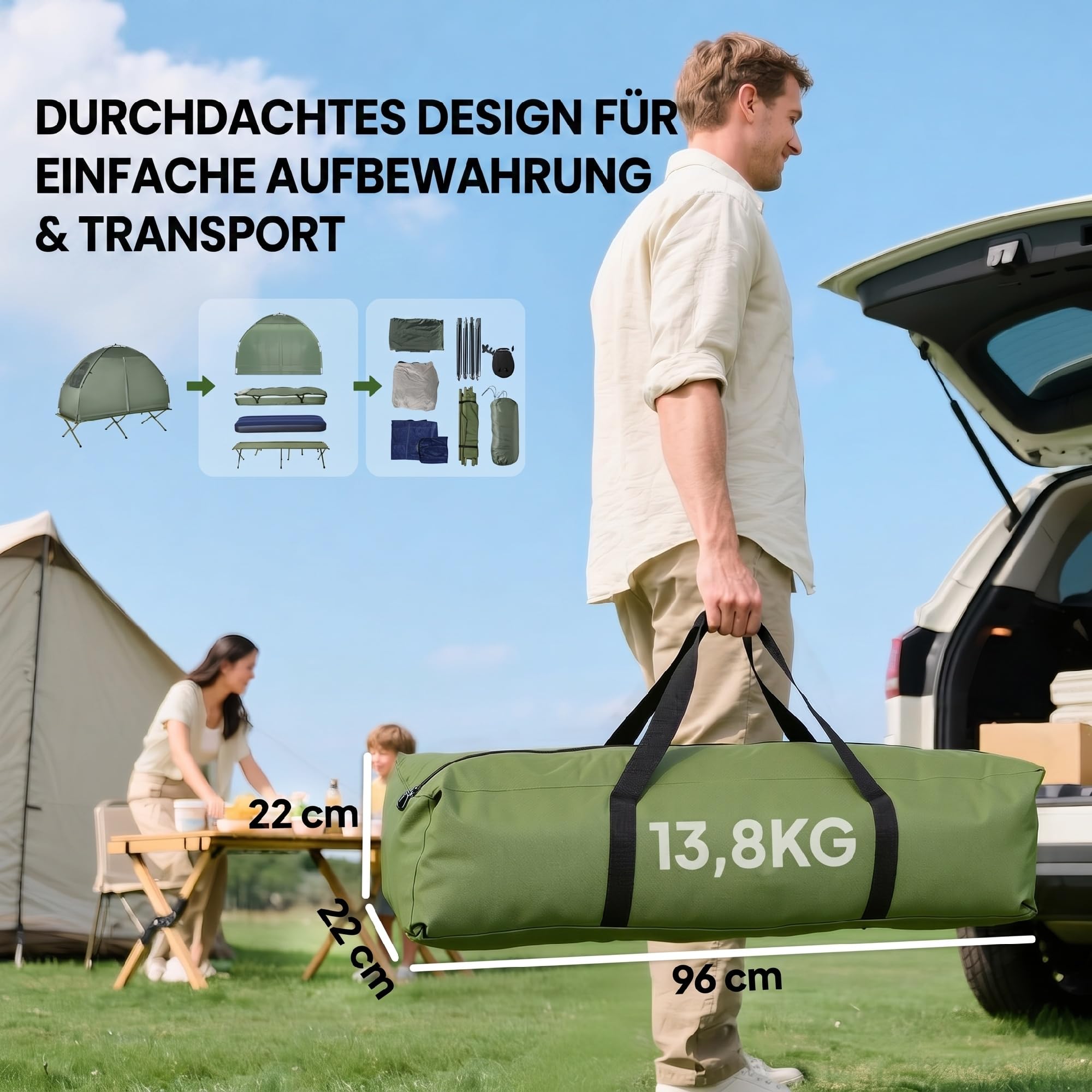 Outsunny SoBuy Feldbett mit Zelt Wurfzelt mit Luftpumpe, Matratze, Tragetasche, Schlafsack, Wasserdichtes Campingbett Extra Breit Outdoor Campingliege Dunkelgrün 193x86x160 cm bis 114 kg