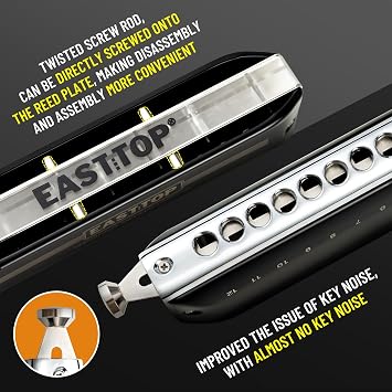 EAST TOP Updated FORERUNNER 2.0 without valves Chromatic Harmonica 12-Hole 48 Tones A Key Chromatic Mouth Organ Harmonica for Adults,Beginners and Students