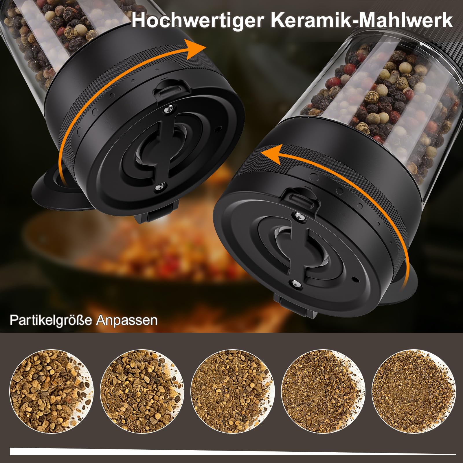 Elektrische Salz und Pfeffermühle Set mit USB Ladebasis,100ml Großes Fassungsvermögen,Elektrisch Gewürzmühle mit 5 Stufen & Keramik Mahlwerk,Geschenk für Kochenthusiasten