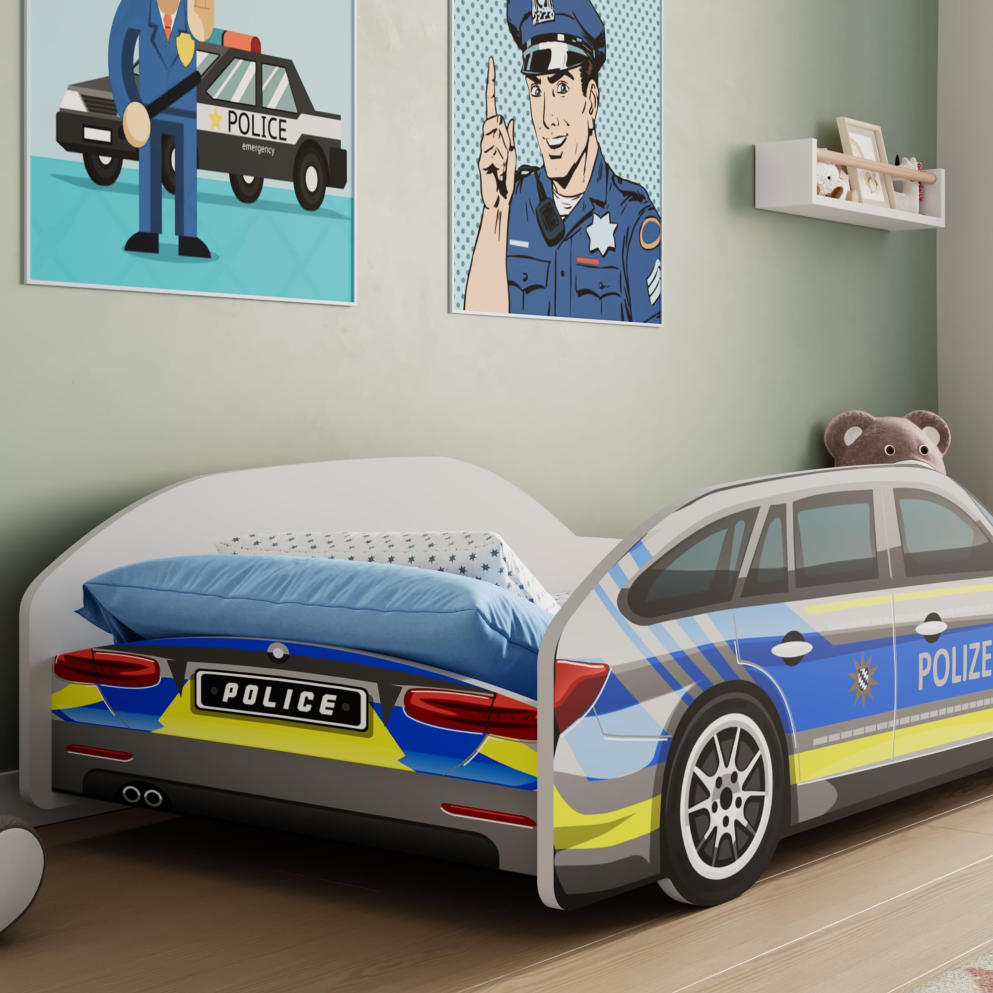 Kids Collective Autobett Kinderbett Jugendbett 70x140 & 80x160 cm mit Rausfallschutz & Matratze | 80x160 cm Polizei Polizeiauto Polizist Kinder Spielbett