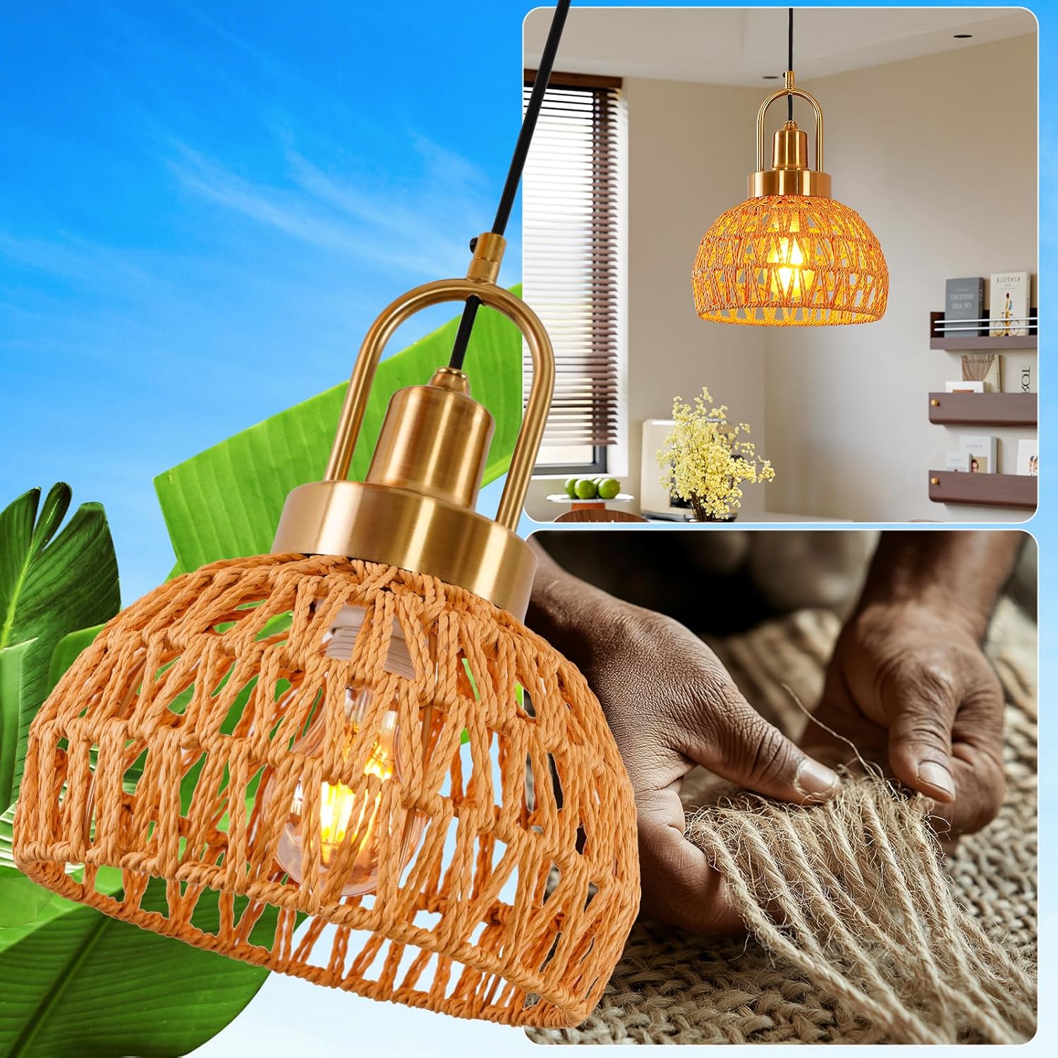 9.45" Boho Gold Rattan Pendant Light Modern Vintage Dome Farmhouse Pendant Light Fixtures Hand Woven Golden Bamboo Wicker Pendant Lights for Kitchen Island, Dining Room, Bedroom, Hallway
