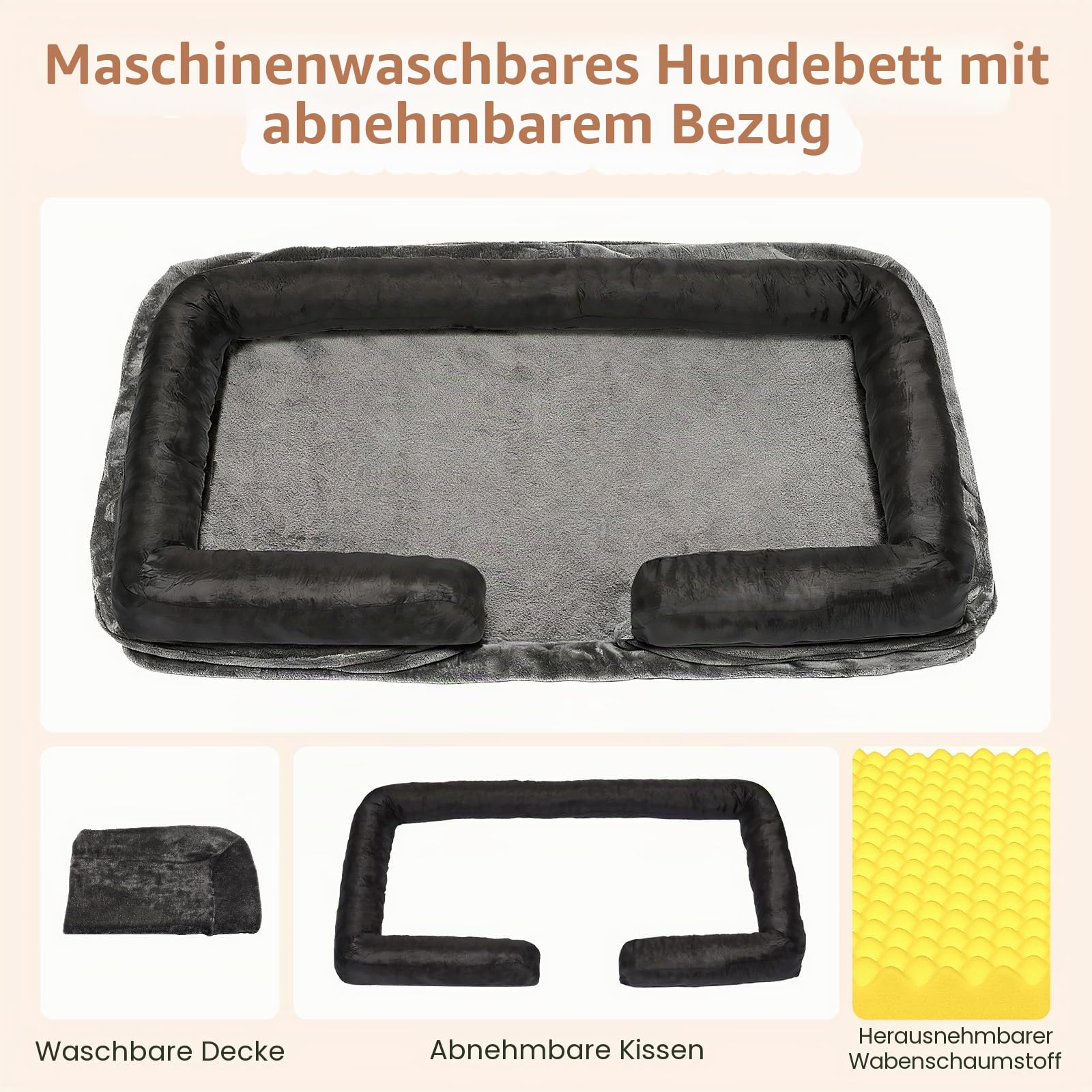 Orthopädisches Hundebett Grosse Hunde: Abnehmbares & waschbares Hundesofa – Abnehmbarer Flanellbezug – Wasserdichtes Innenfutter – rutschfeste Unterseite Hellgrau (97 x 70 x 18 cm)