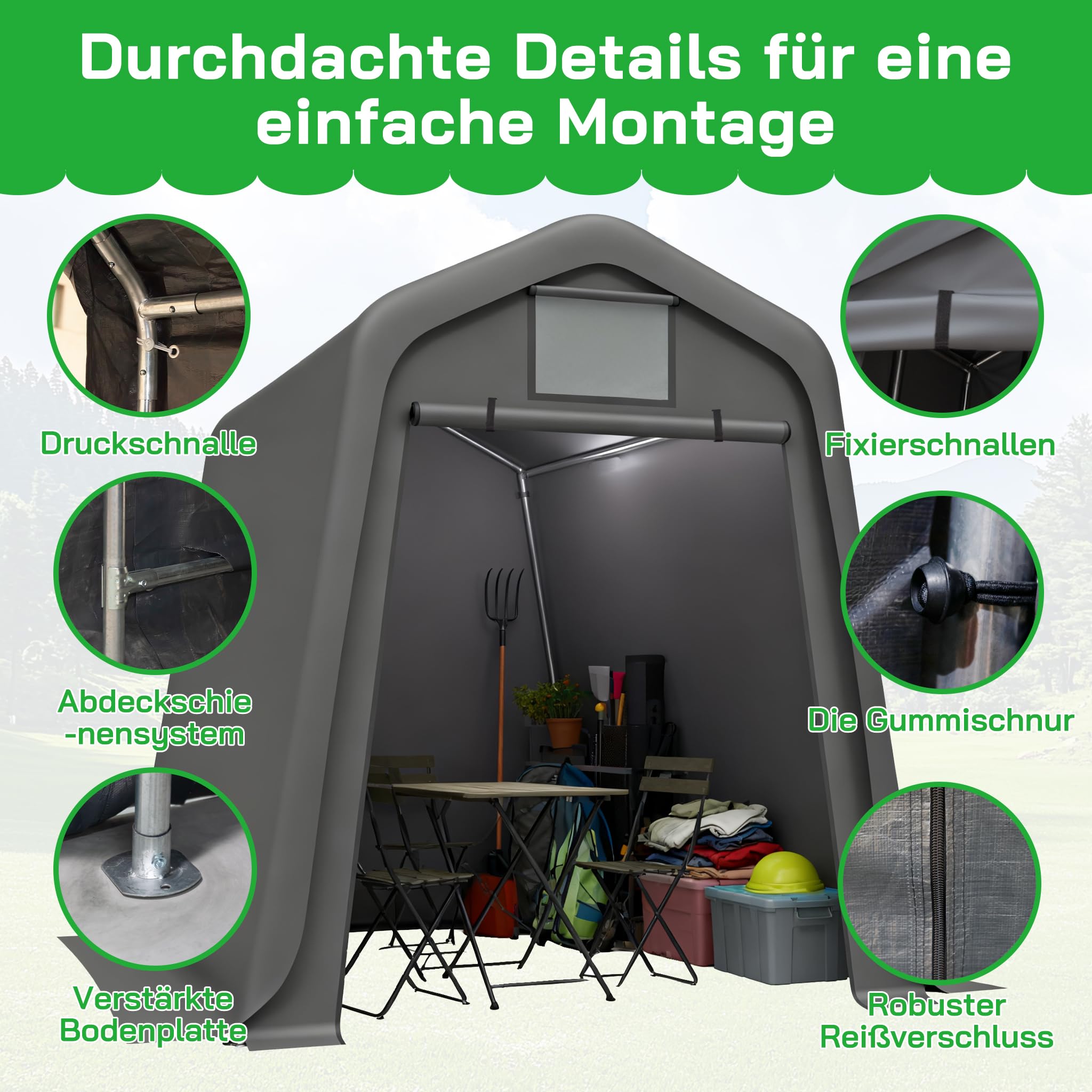 Aufbewahrungsschuppen PE 245x183x217 cm Grau mit Rollos | Wasserdichtes PE-Material, mit Rollos, UV- und windfest, als Gerätehaus oder Fahrradunterstand nutzbar