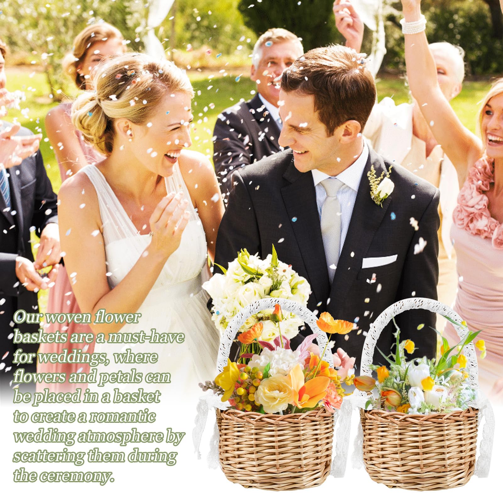 HEKOBAG 2 PZ Cestini in Vimini con Manico 20 cm Cestini di Fiori Matrimoni Cesto di Fiori Fatti a Mano Cesti Intrecciati con Nastro di Pizzo Cestini Rattan per Pane, Caramelle, Cioccolatini, Biscotti