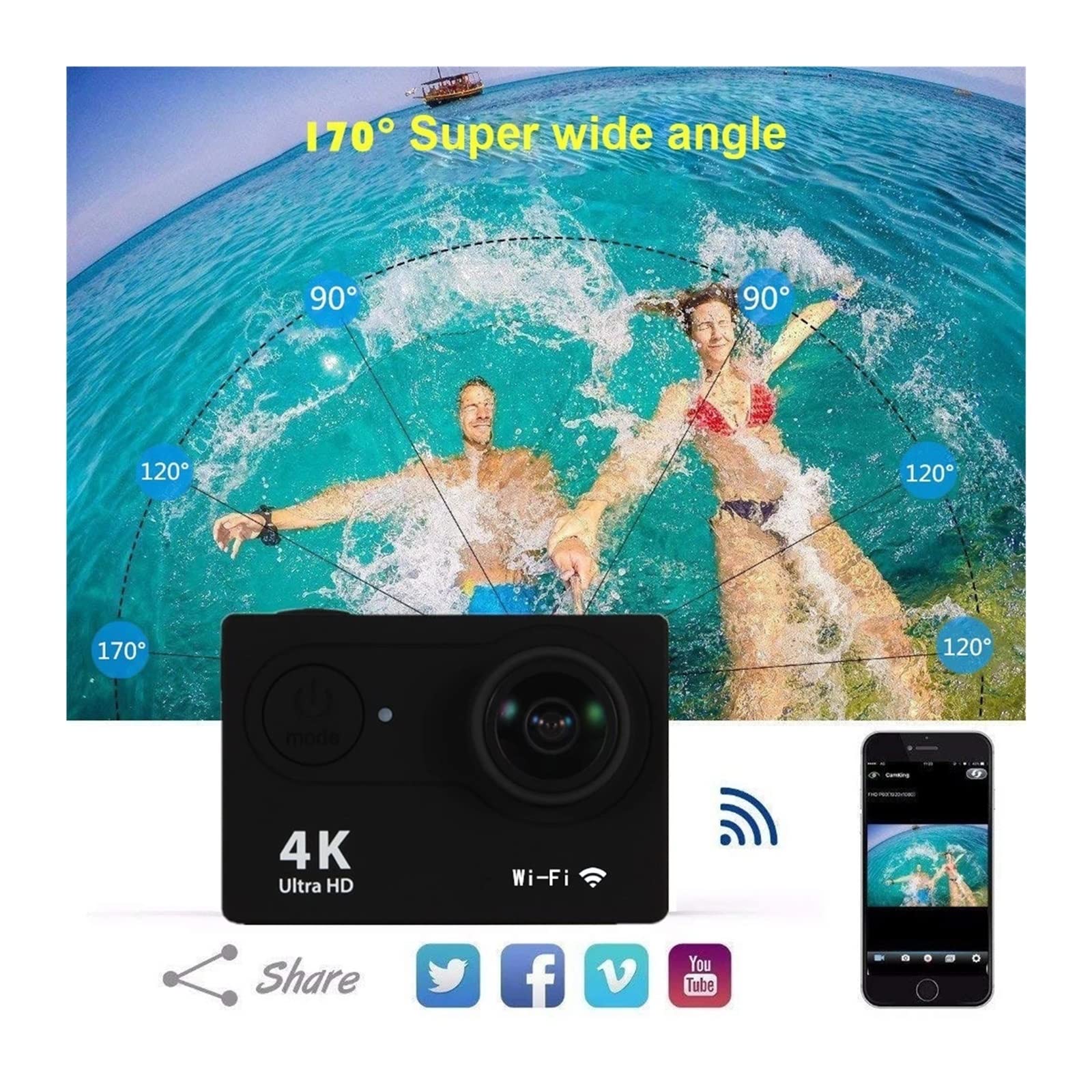 Kamera akcji, Kamera podwodna Ultra HD, H9R 4K Pilot Sportowe nagrywanie wideo DVR DV Wodoodporna Pro Mini Kask Zestaw akcesoriów do aparatu(Nero)