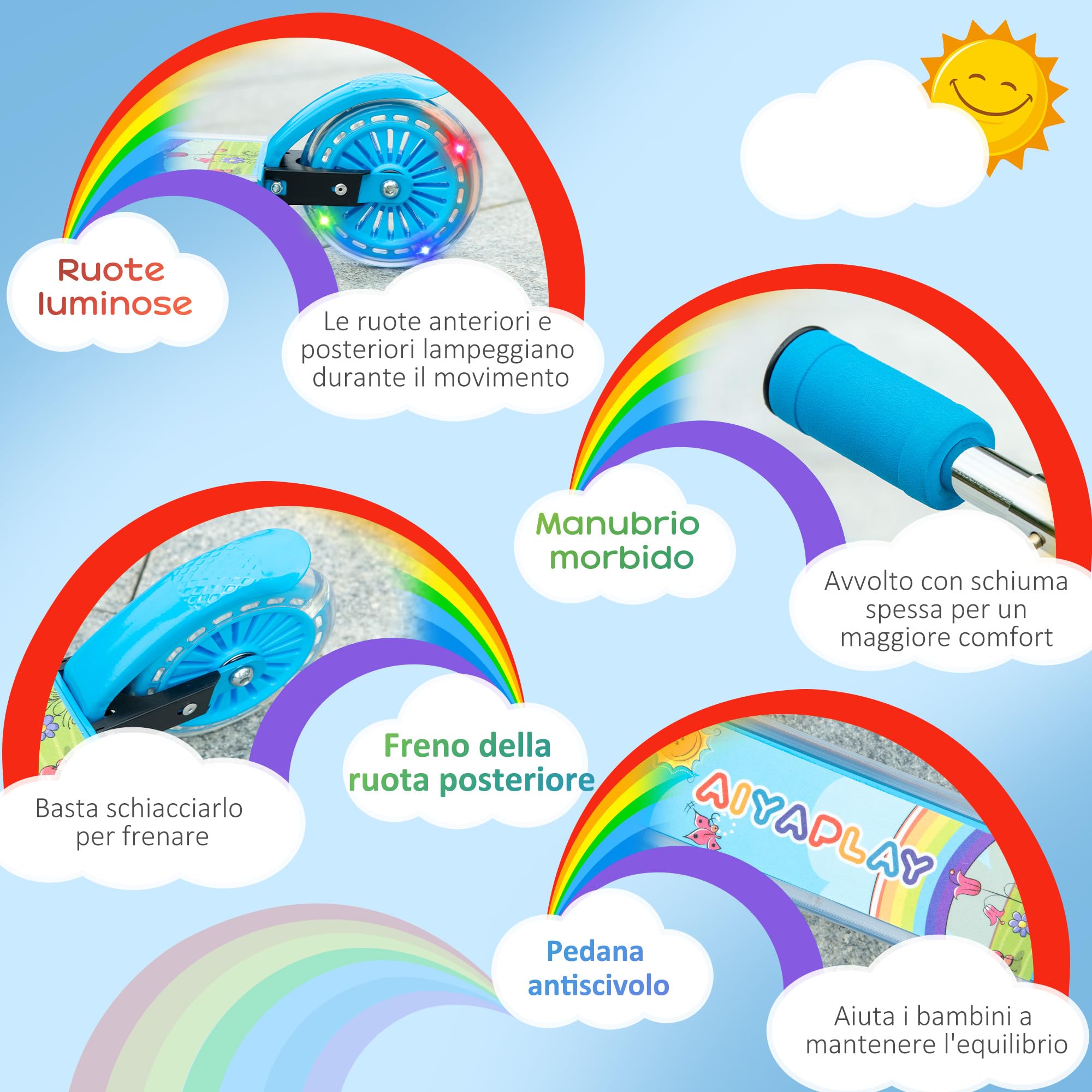 AIYAPLAY Monopattino per bambini con ruote luminose, freno