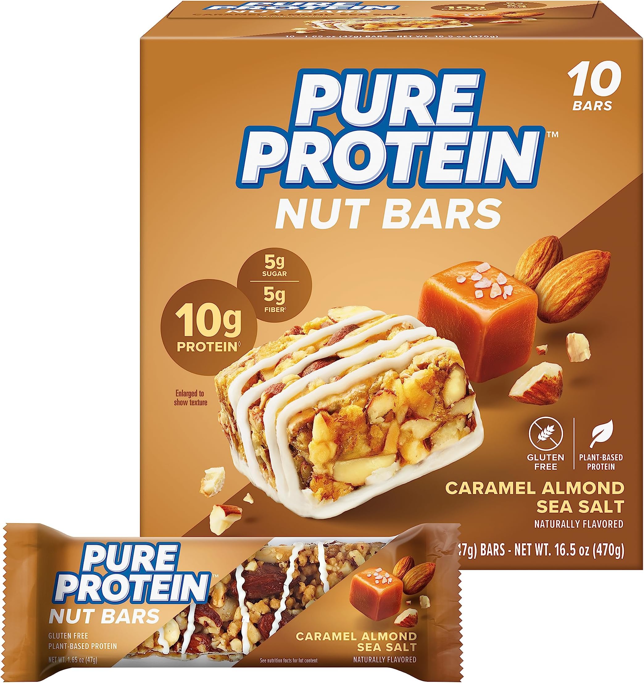 Pure Protein Nut Bars, Caramel Almond Sea Salt, 10g Protein, Gluten Free, Low Sugar, 1.65 oz, 10 Pack (Packaging may vary)