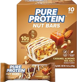 Pure Protein Nut Bars, Caramel Almond Sea Salt, 10g Protein, Gluten Free, Low Sugar, 1.65 oz, 10 Pack (Packaging may vary)