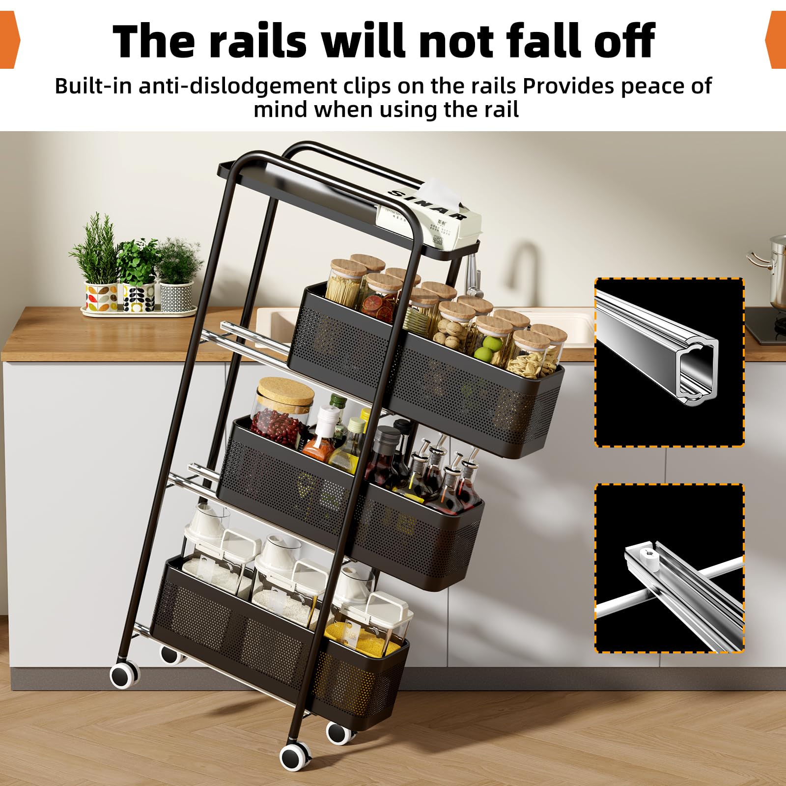 Carrito de almacenamiento delgado de 4 niveles con cesta de metal extraíble, organizador de baño, carrito rodante, organizador deslizante sin instalación para cocina, baño, lavandería (negro, 4