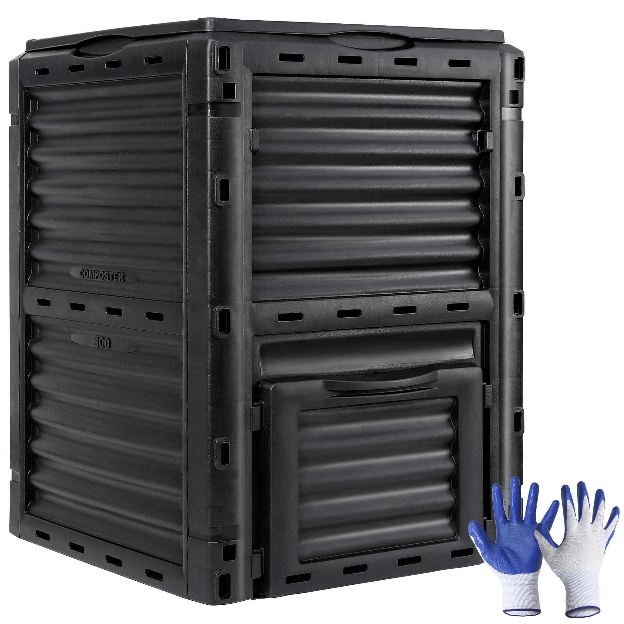Garden Compost Bin 80 Gallon (300 L) from BPA Free Material, Large Composting Bin Outdoor Composter with Gloves, Easy Assembling, Fast Creation of Fertile Soil, Lightweight, Black