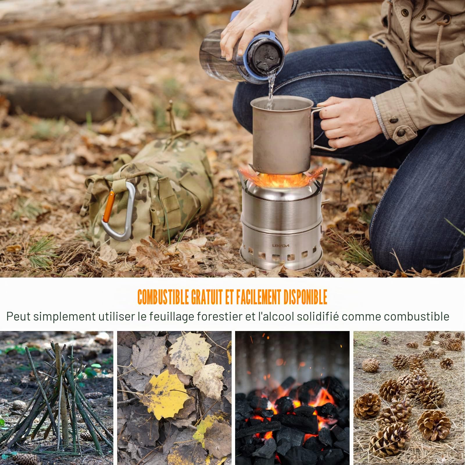 LIXADA Poêle à Bois Portable Extérieur en Acier Inoxydable Léger Réchaud Domestique Détachable Pique-Nique Poêle à Alcool Camping Poêle Coupe-Vent
