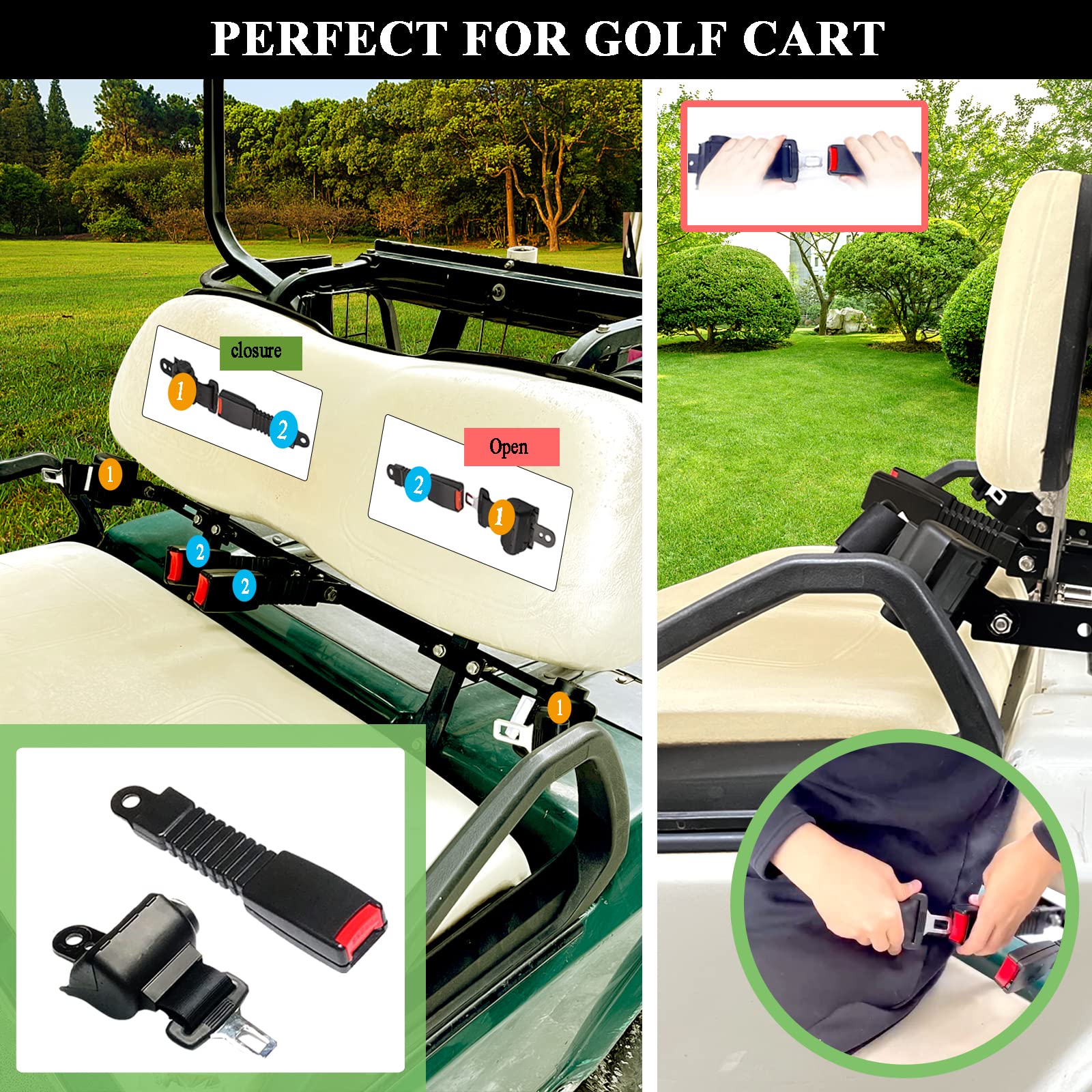 Golf Cart Retractable 42" Seat Belts with Belt Bracket Kit for Yamaha Club Car DS Precedent EZGO TXT RXV